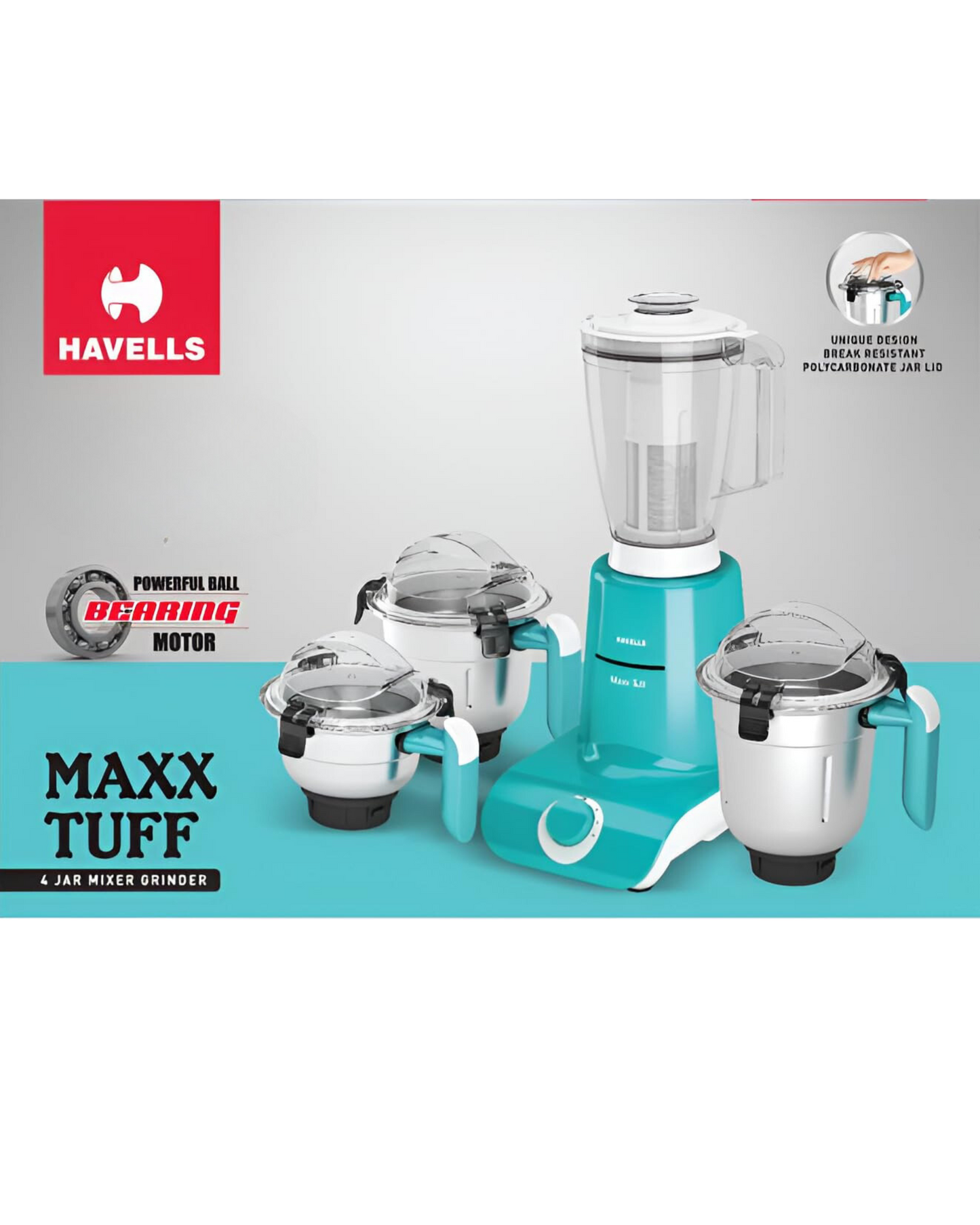 Havells Maxx TUFF Heavy Duty 900 Watts 4 Jar Mixer Grinder, Ball Bearing Copper Motor, 22000 RPM, Large Size Break Resistant Jars with Flow Breaker, 5Years Motor Warranty (White/green)