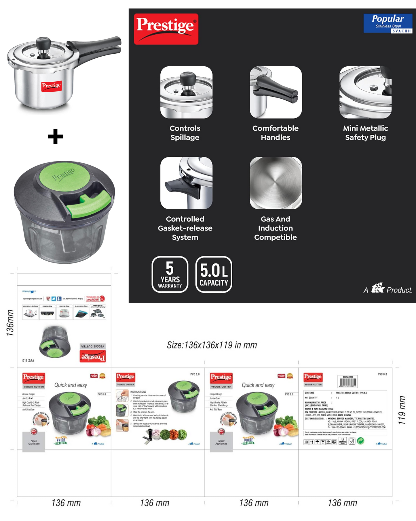 Prestige Popular Svachh(5.0L) with veggie cutter 8.0 (0.3L) 5 L, 0.3 L Outer Lid Induction Bottom Pressure Cooker (Stainless Steel)
