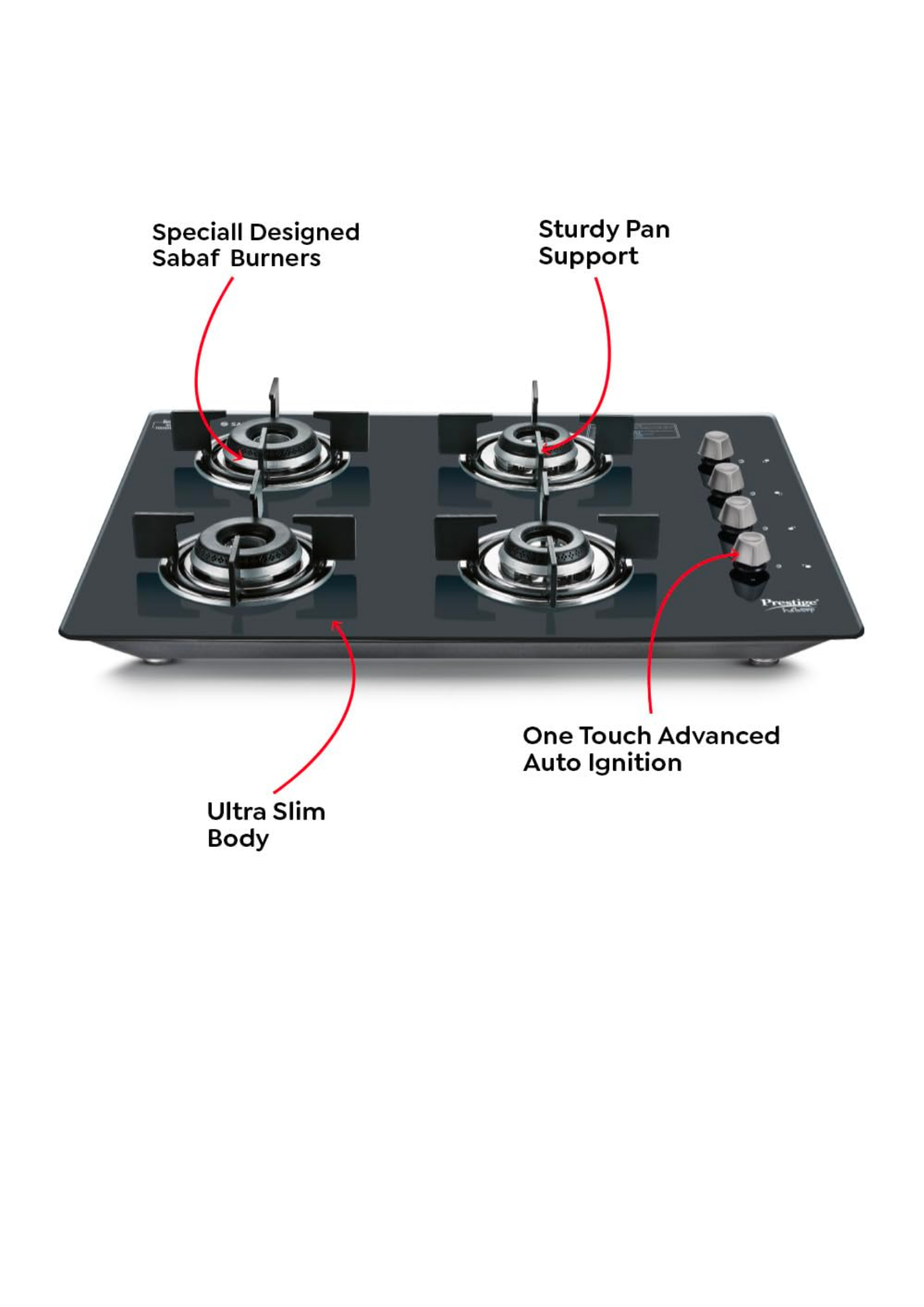 Prestige Desire Hobtop PHTD 02 AI (Toughened Glass Top, 4 Sabaf Burners, Auto Ignition) Glass Automatic Hob (4 Burners)