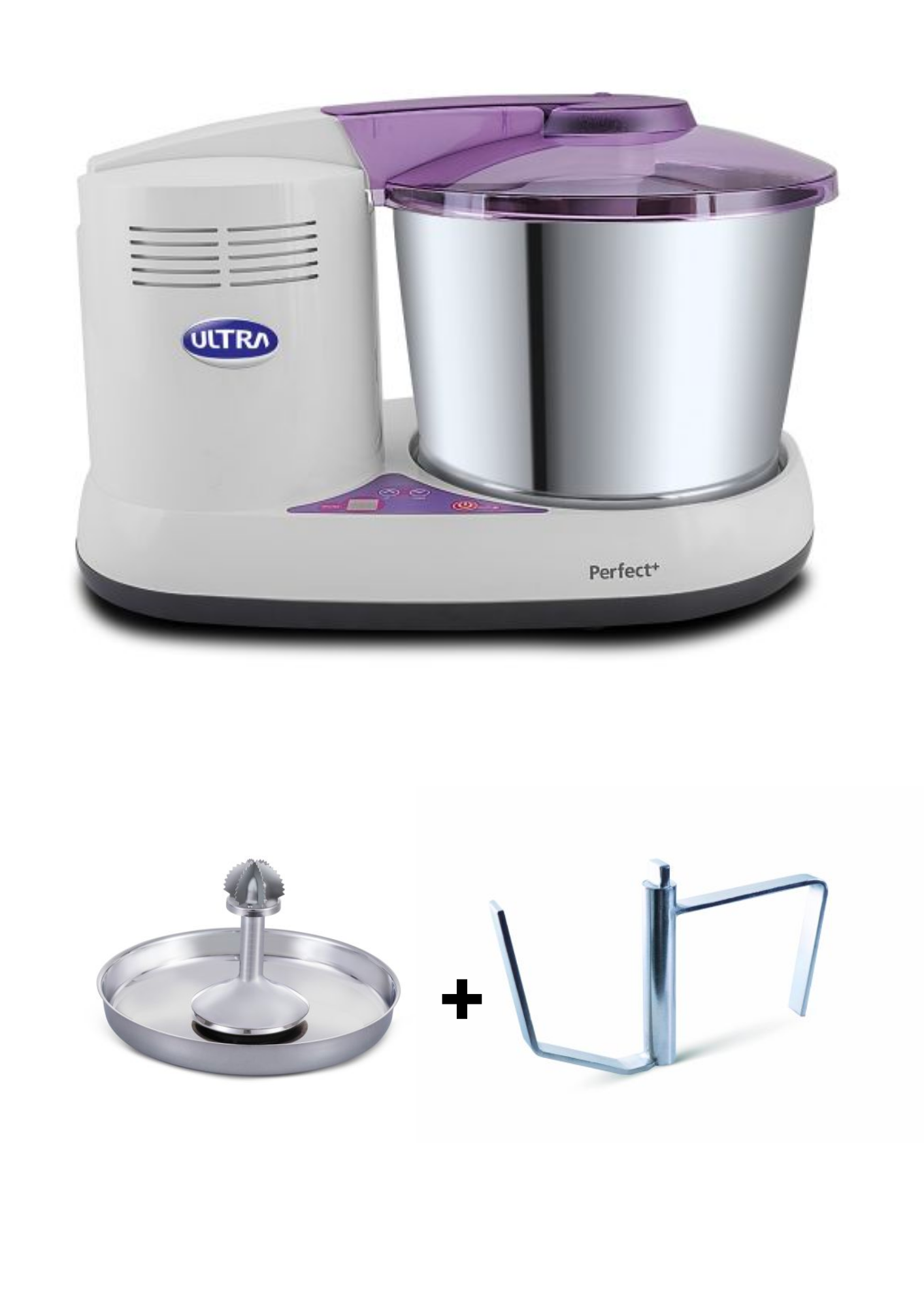 ULTRA Perfect+Timer, Table Top 2L capacity with Atta Kneader & Coconut Scrapper, Wet Grinder (WHITE & PURPLE)