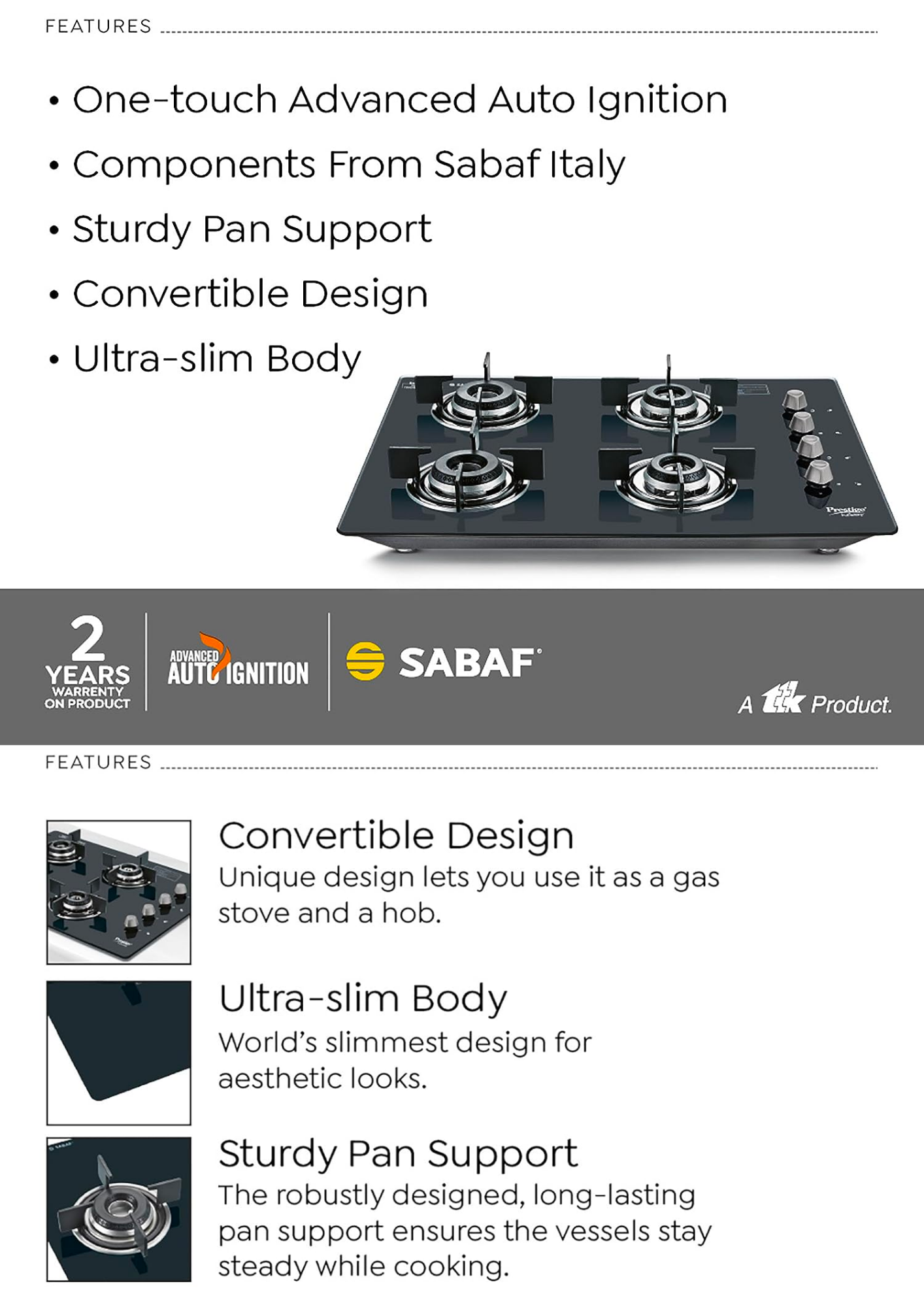 Prestige Desire Hobtop PHTD 02 AI (Toughened Glass Top, 4 Sabaf Burners, Auto Ignition) Glass Automatic Hob (4 Burners)