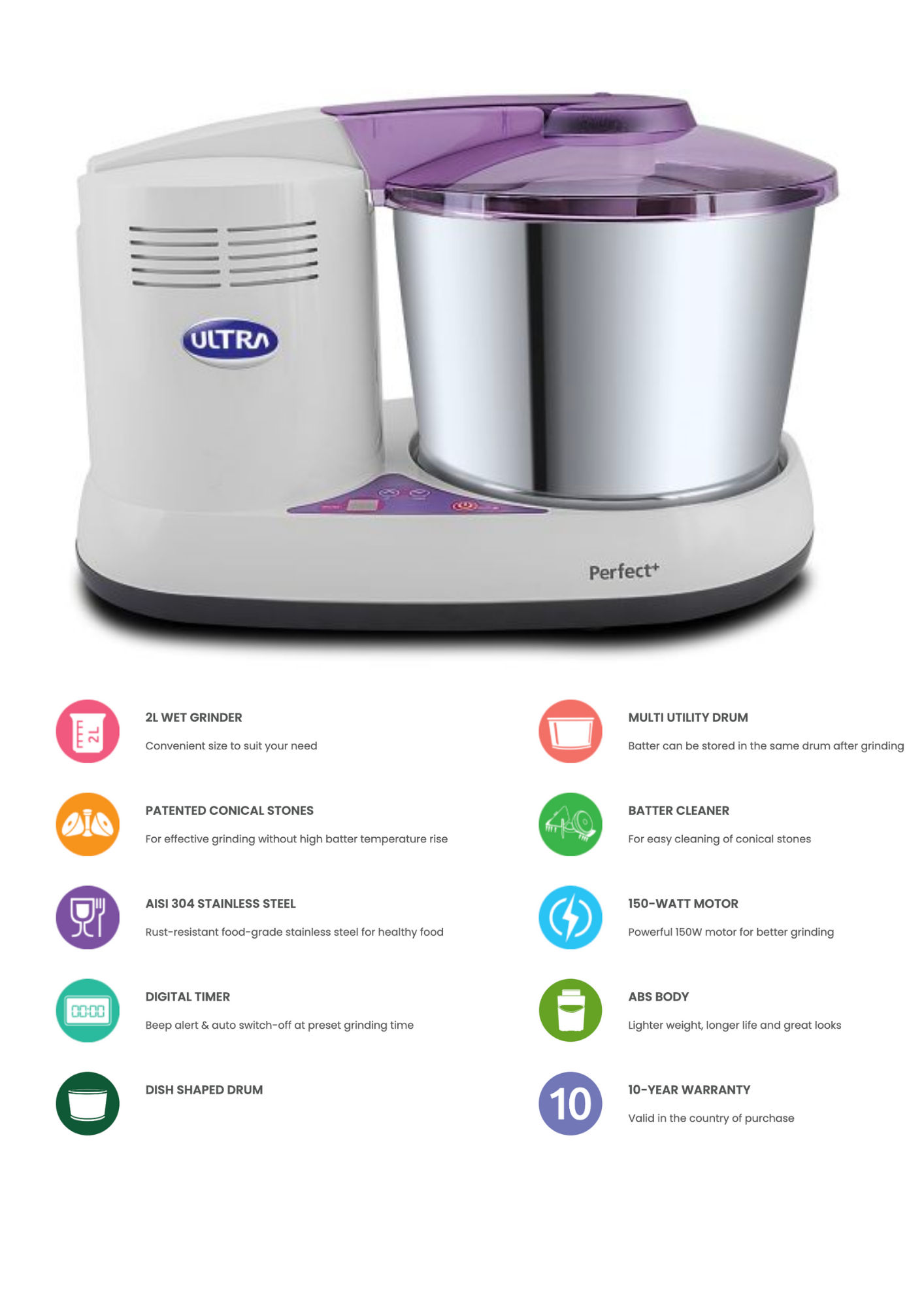 ULTRA Perfect+Timer, Table Top 2L capacity with Atta Kneader & Coconut Scrapper, Wet Grinder (WHITE & PURPLE)