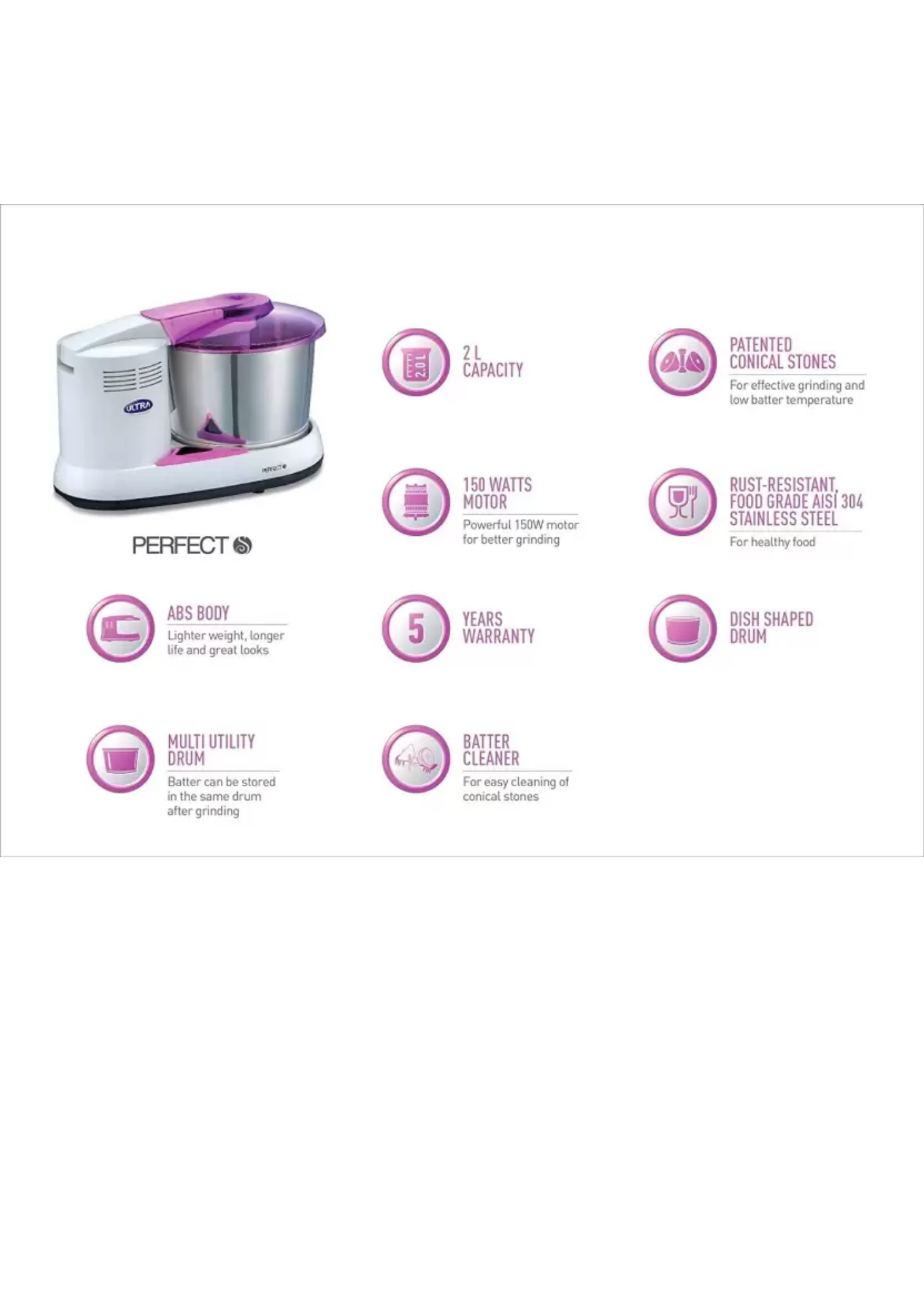 ULTRA Perfect S, Table Top 2L capacity with Atta Kneader & Coconut Scrapper, Wet Grinder (WHITE & PURPLE)