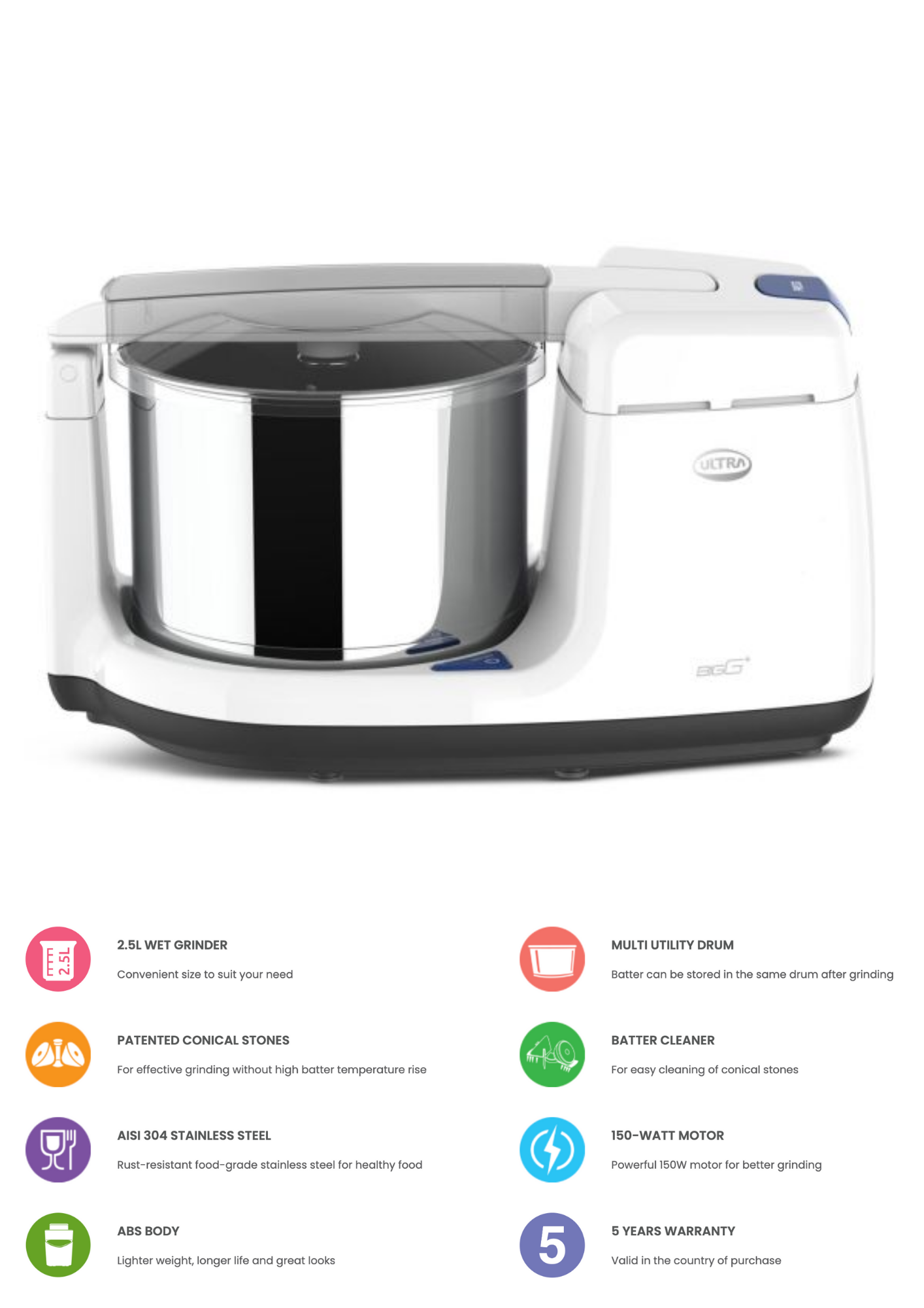 ULTRA Bigg+, Table Top 2.5L capacity with Atta Kneader & Coconut Scrapper, Wet Grinder (WHITE & BLUE)