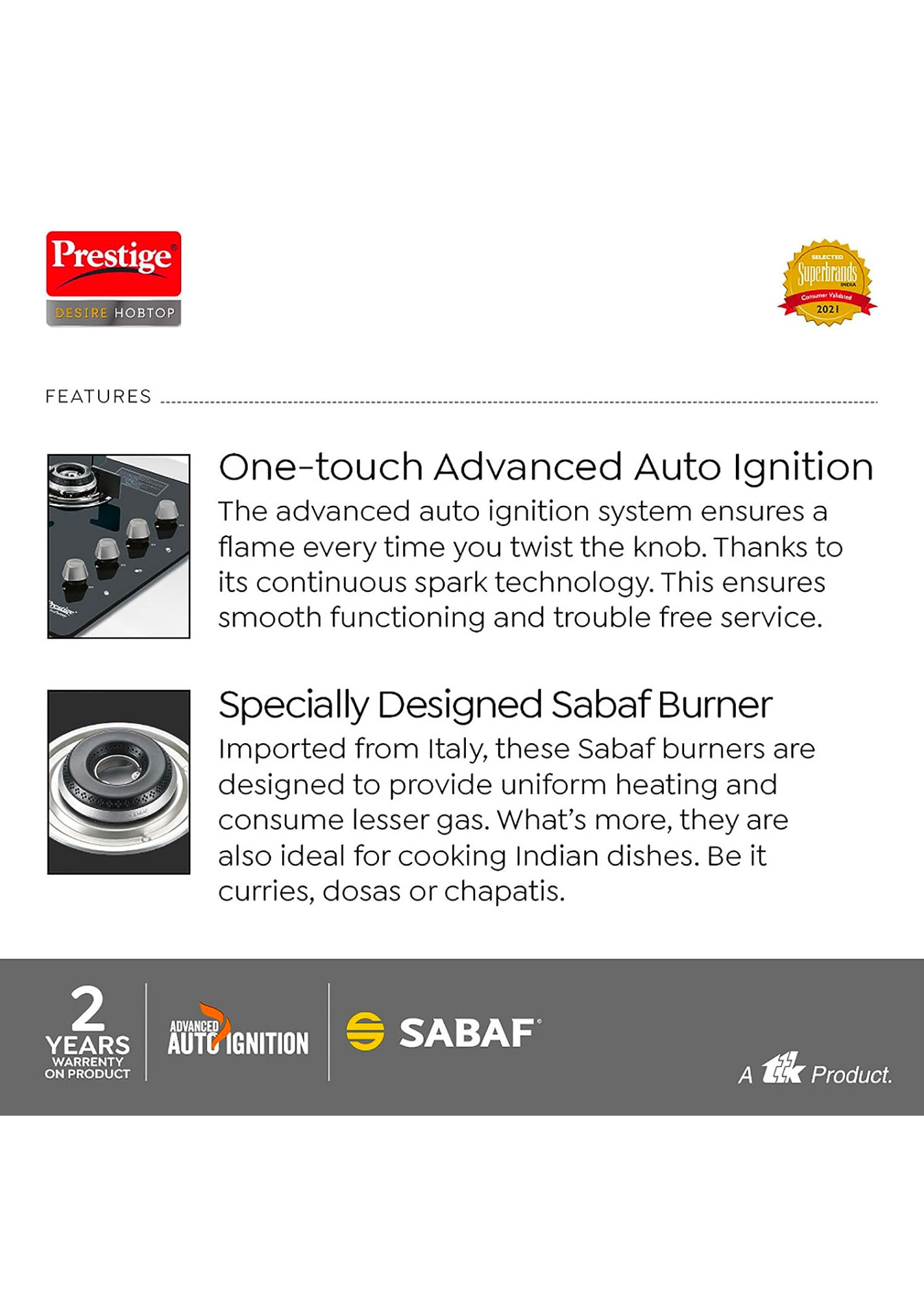 Prestige Desire Hobtop PHTD 02 AI (Toughened Glass Top, 4 Sabaf Burners, Auto Ignition) Glass Automatic Hob (4 Burners)