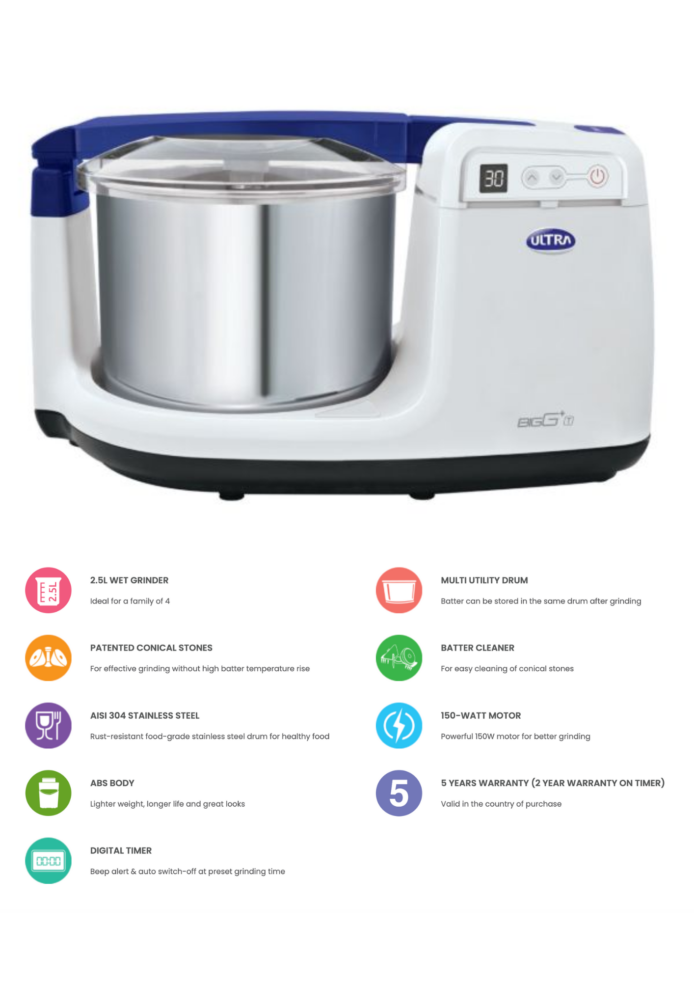 ULTRA Bigg+Timer, Table Top 2.5L capacity with Atta Kneader & Coconut Scrapper, Wet Grinder