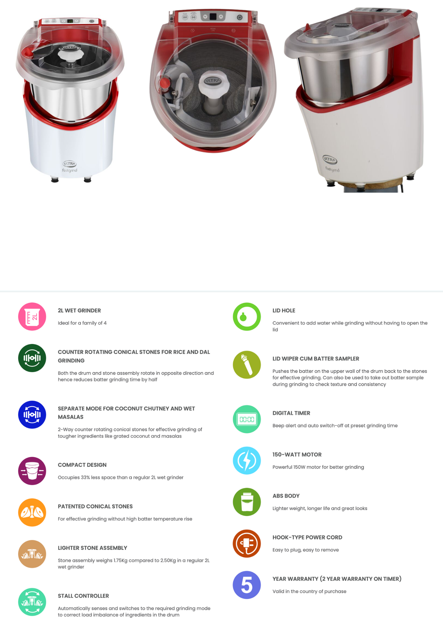 ULTRA FASTGRINDER , Table Top 2 L capacity with Atta Kneader & Coconut Scrapper, Wet Grinder