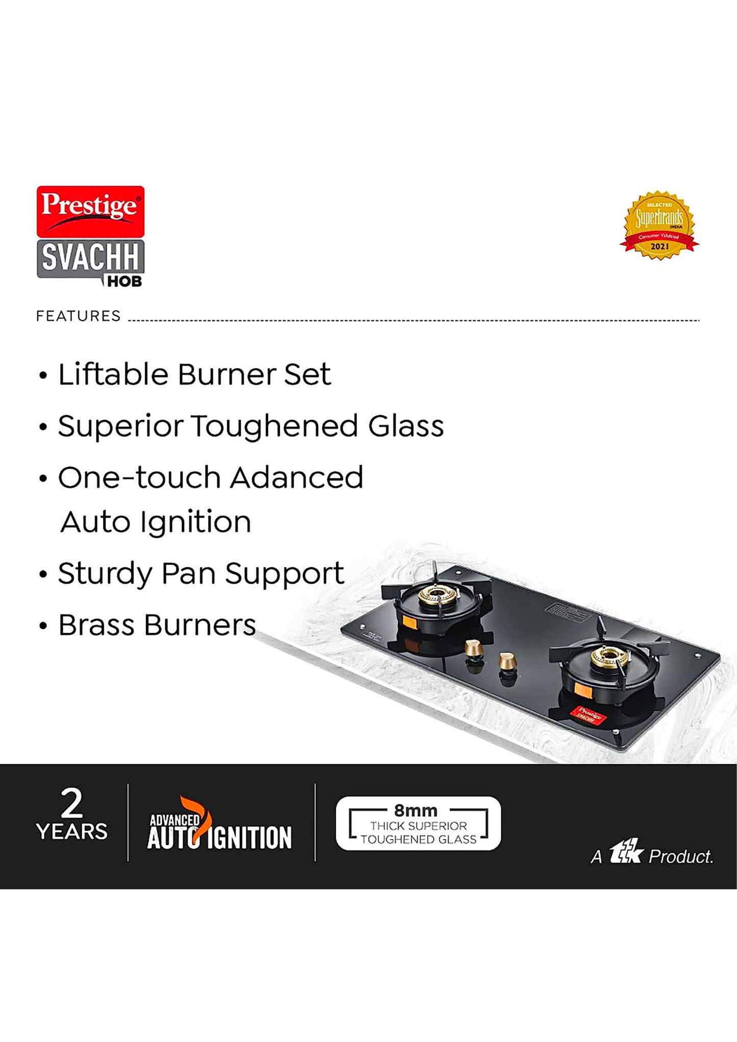 Prestige Svacch Hob PSVH-OZ AI Toughened Glass Top Auto Ignition System & 2 Brass Burners Glass Automatic Hob (2 Burners)