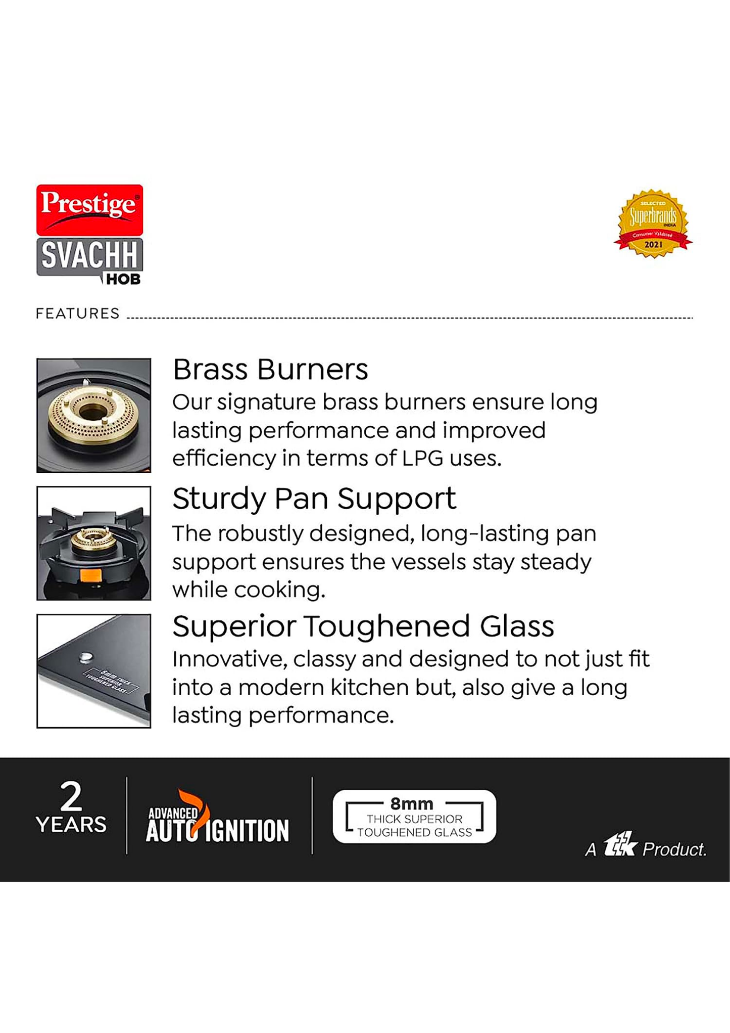 Prestige Svacch Hob PSVH-OZ AI Toughened Glass Top Auto Ignition System & 2 Brass Burners Glass Automatic Hob (2 Burners)