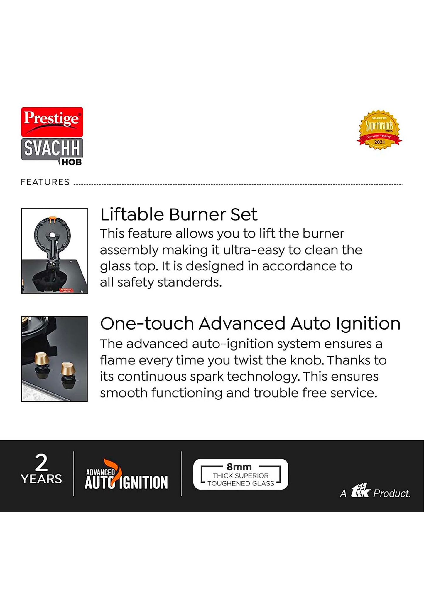 Prestige Svacch Hob PSVH-OZ AI Toughened Glass Top Auto Ignition System & 2 Brass Burners Glass Automatic Hob (2 Burners)