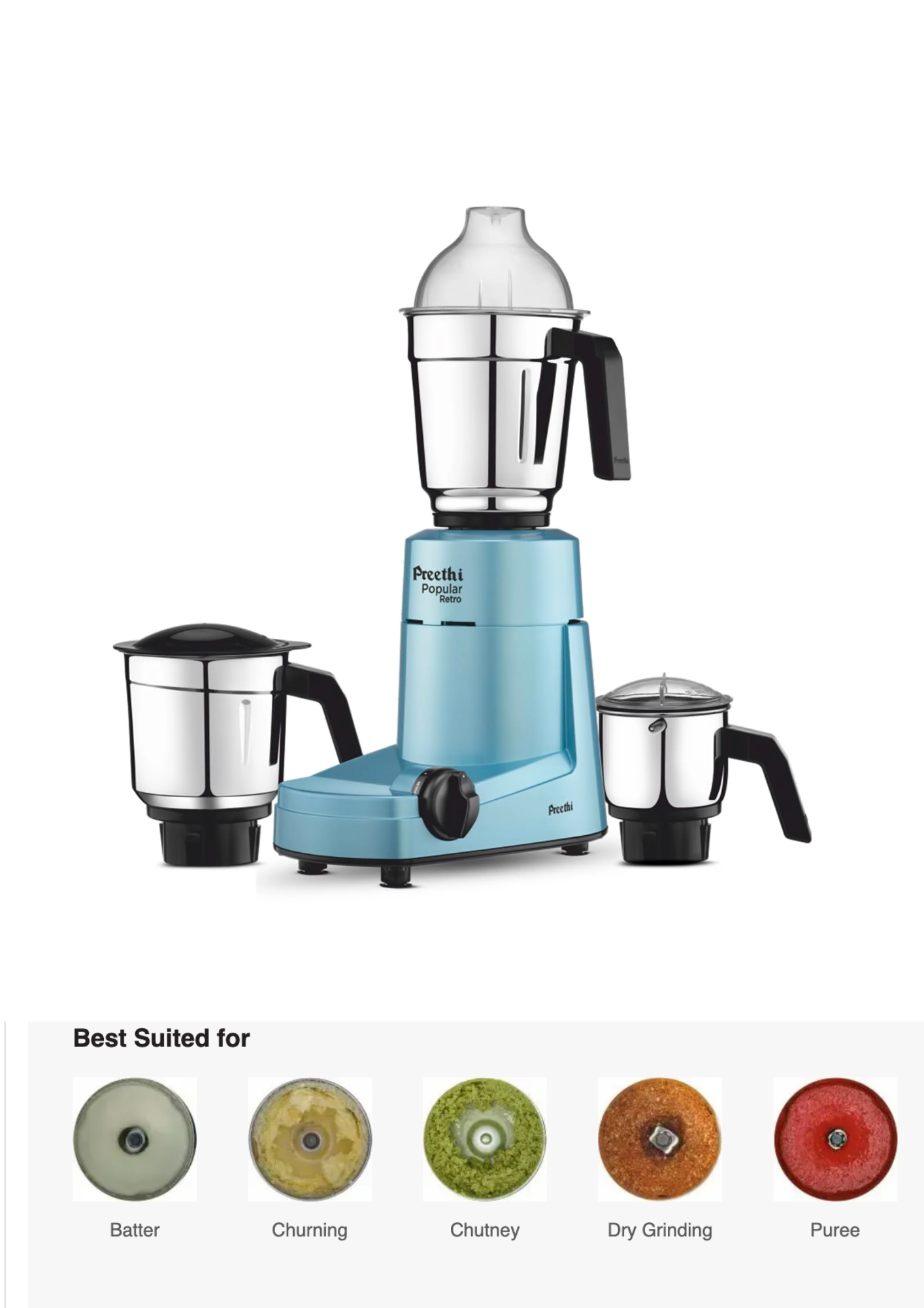 Preethi POPULAR RETRO BLUE, MG 266, 750 Mixer Grinder (3 Jars, Blue)