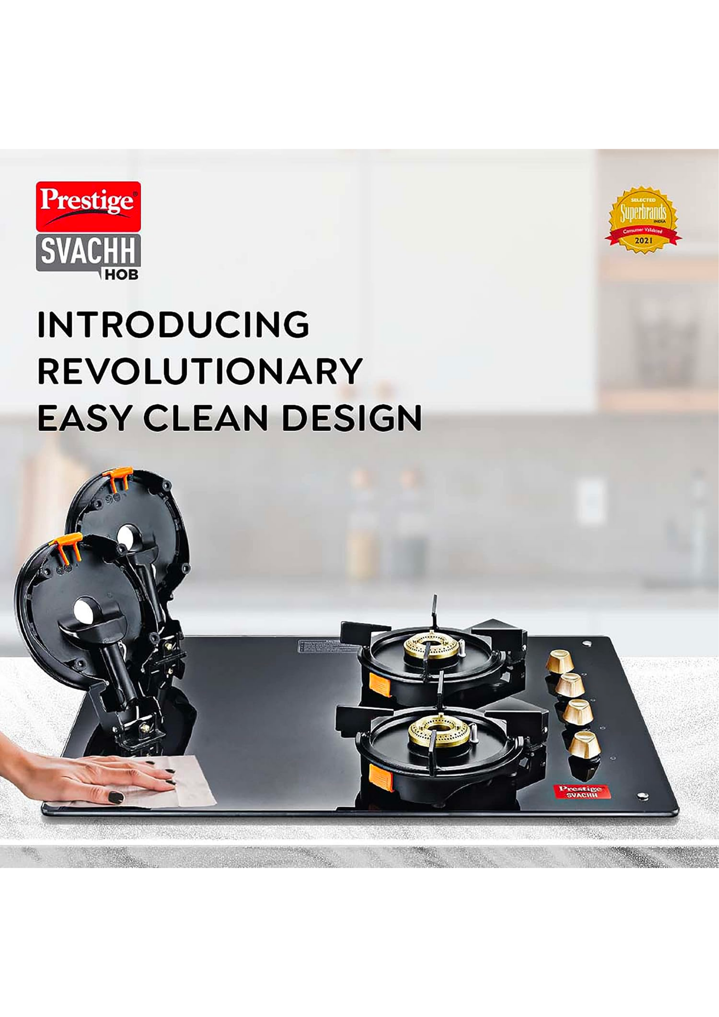 Prestige Svachh Hob PSVH-OZ AI Toughened Glass Top Auto Ignition System & 4 Brass Burner Glass Automatic Hob (4 Burners)