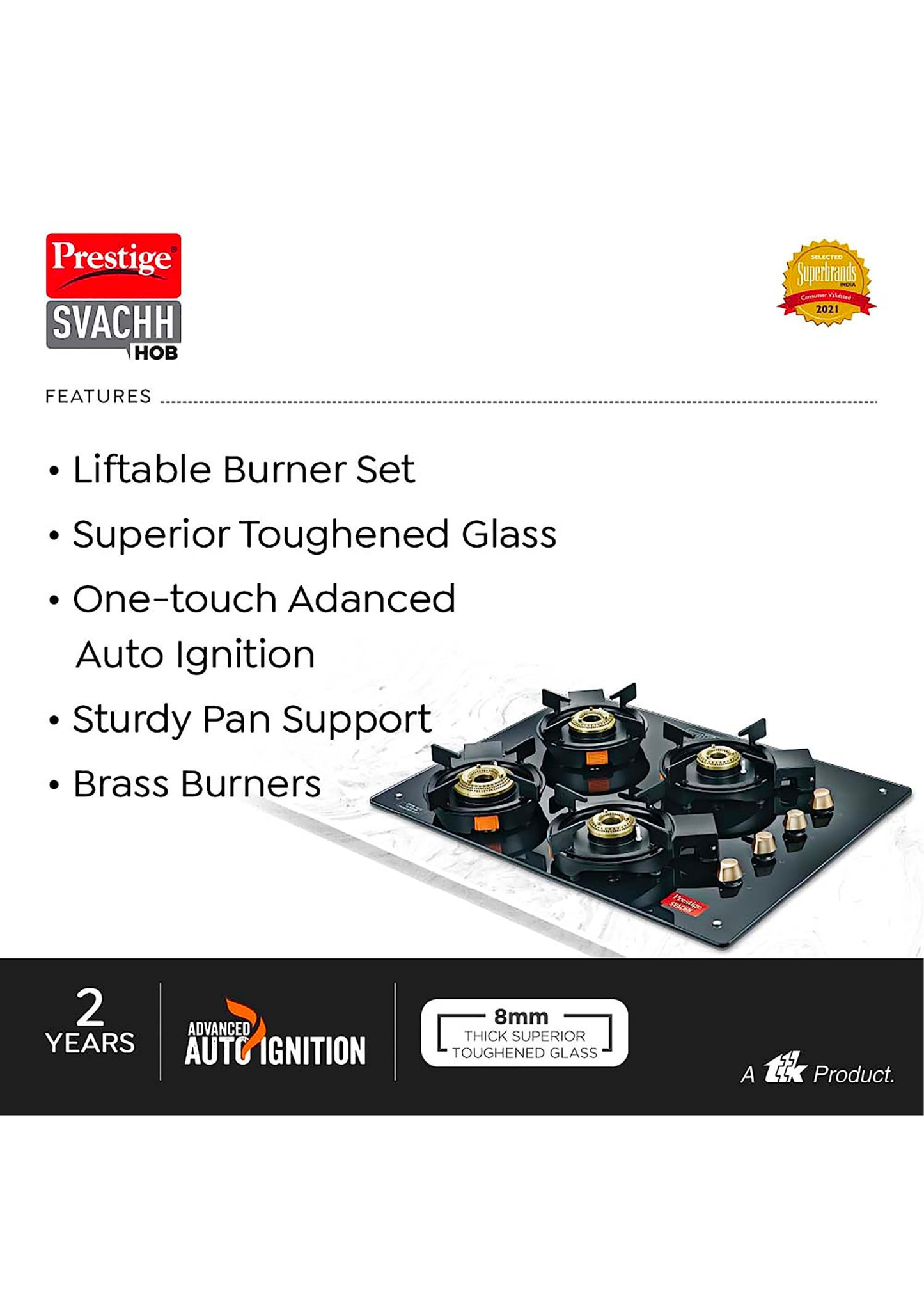 Prestige Svachh Hob PSVH-OZ AI Toughened Glass Top Auto Ignition System & 4 Brass Burner Glass Automatic Hob (4 Burners)