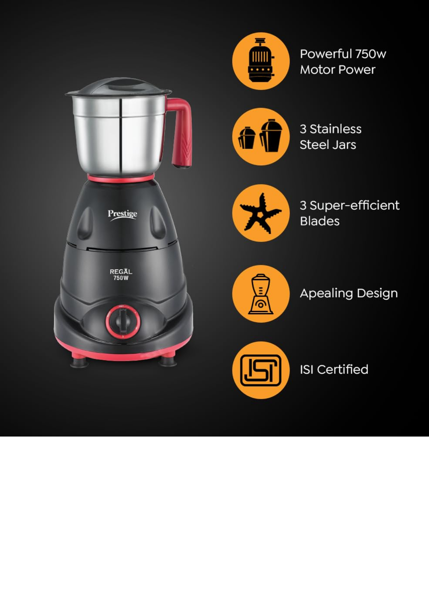 Prestige Regal with Superior Grip, Durability & Appealing Design 750 Juicer Mixer Grinder (3 Jars, Black, Red)