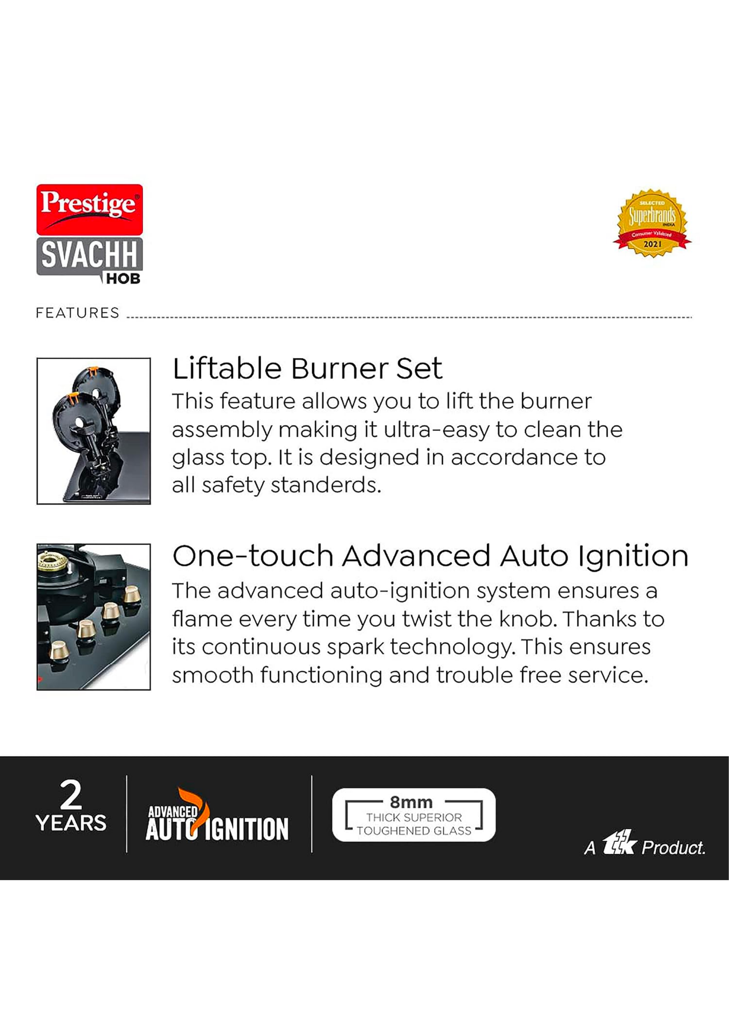Prestige Svachh Hob PSVH-OZ AI Toughened Glass Top Auto Ignition System & 4 Brass Burner Glass Automatic Hob (4 Burners)