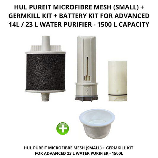 Touch N Feel~HUL PUREIT MICROFIBRE MESH(SMALL)+GERMKILL KIT+ BATTERY KIT FOR ADVANCED 14L/23L-1500L Media Filter Cartridge  Micro rating 0.4, (Pack of 4 ~ Microfibre Mesh: 1, Germkill kit: 1, Battery Kit: 1, Carbon Polisher: 1)