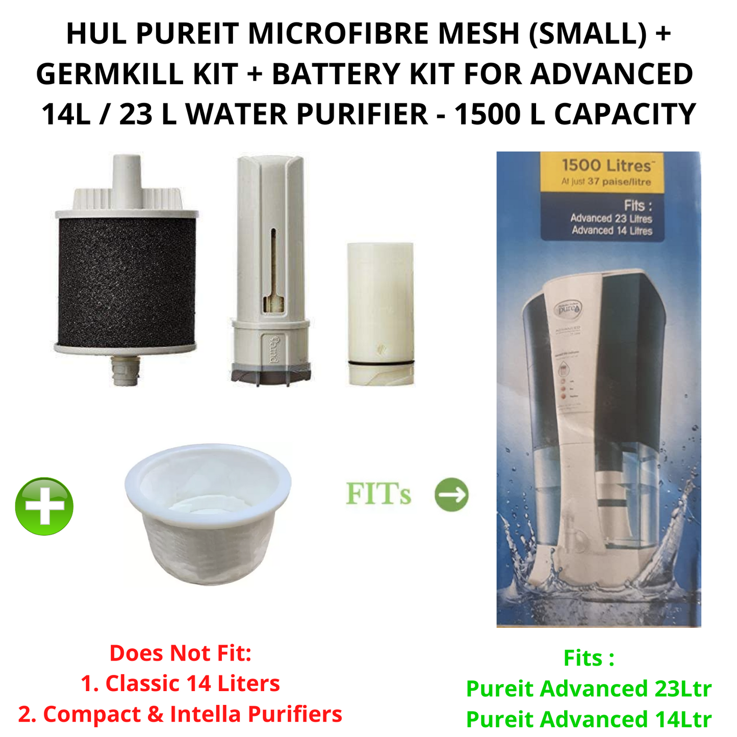 Touch N Feel~HUL PUREIT MICROFIBRE MESH(SMALL)+GERMKILL KIT+ BATTERY KIT FOR ADVANCED 14L/23L-1500L Media Filter Cartridge Micro rating 0.4, (Pack of 4 ~ Microfibre Mesh: 1, Germkill kit: 1, Battery Kit: 1, Carbon Polisher: 1)
