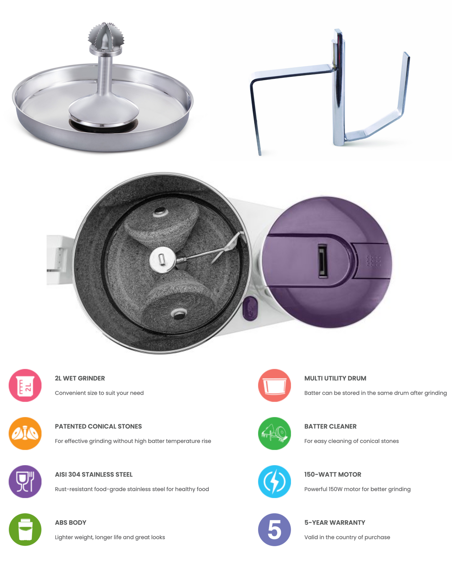 ULTRA Grind+ Gold 2 L (Fortune White) with Atta Kneader & Coconut Scrapper Wet Grinder