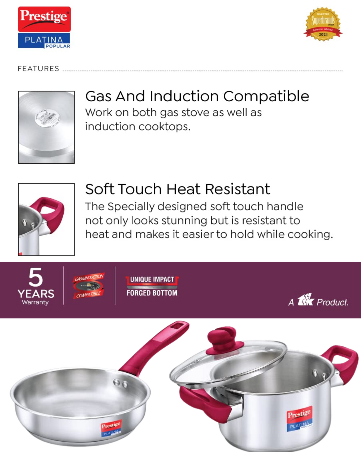 Prestige Platina Popular Stainless Steel Casserole with lid 240MM(5.5L) and Frypan220MM (1.9L) (Stainless Steel, Induction Bottom)