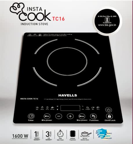 Havells Insta Cook Tc 16 Energy Efficent Induction (Black), 1600Watt, with 7 Cooking Option, Auto Pan Detection Sensor &3 Year Coil Warranty, Tempered Glass