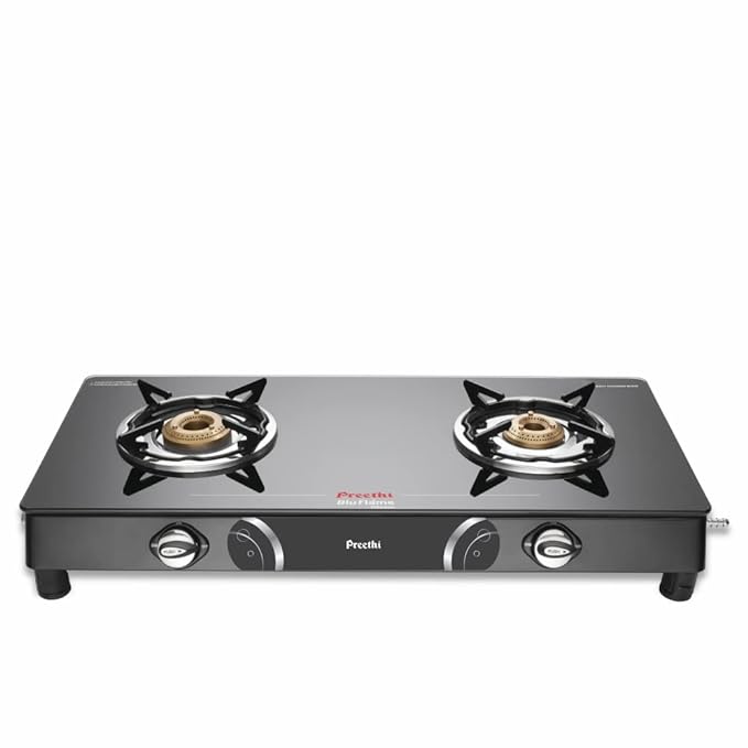 Preethi Blu Flame Gleam Glass Top 2-Burner Manual Gas Stove (Black) (ISI Certified), GTS102