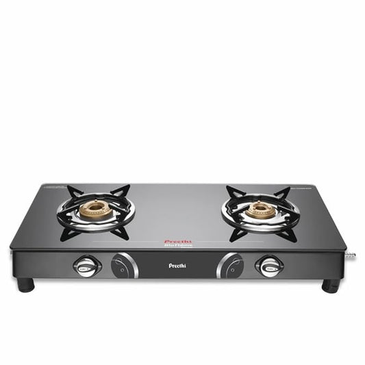 Preethi Blu Flame Gleam Glass Top 2-Burner Manual Gas Stove (Black) (ISI Certified), GTS102