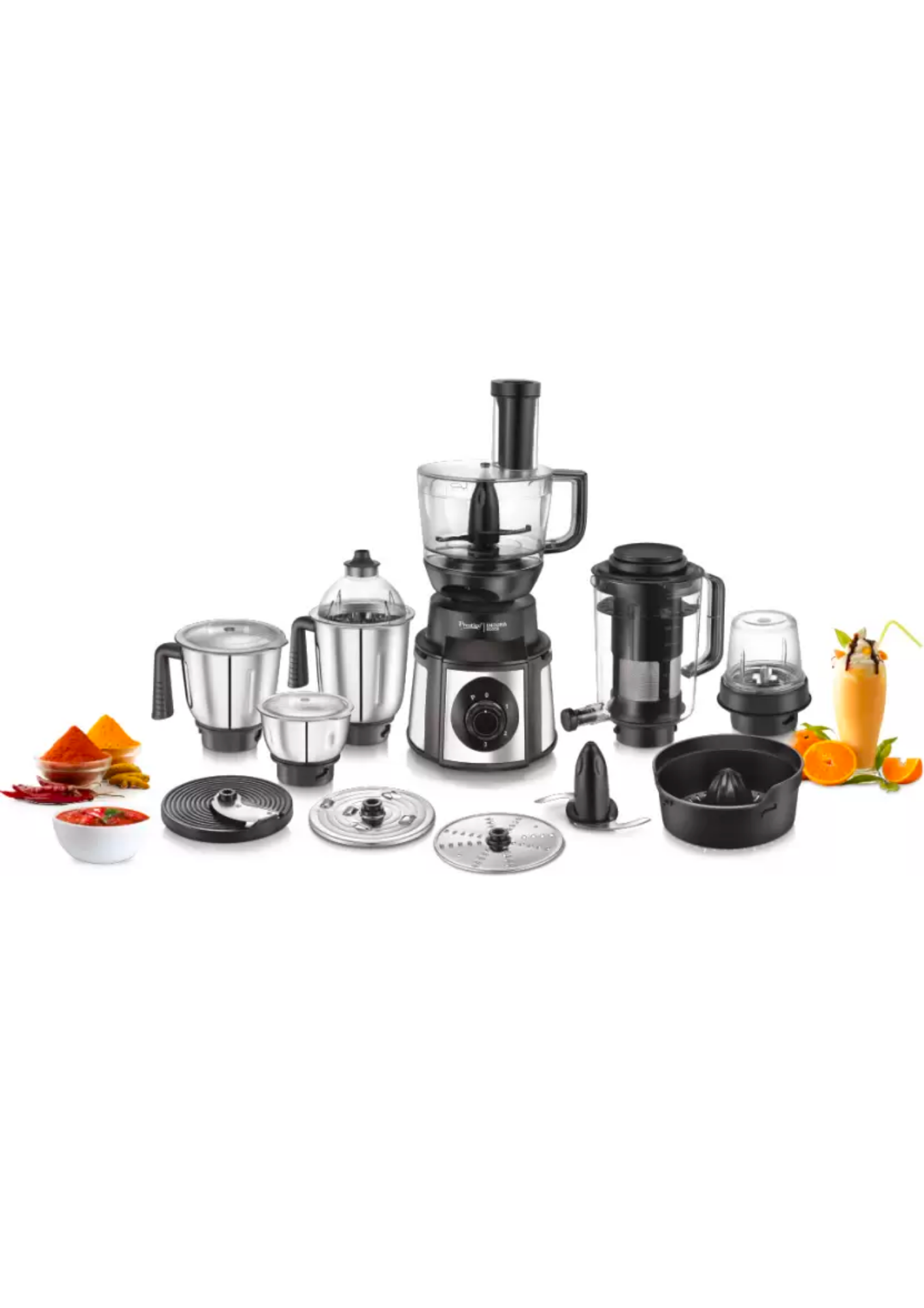 Prestige Endura Pro with Ball Bearing-Multi Functional food processing attachments Watts 1000 Juicer Mixer Grinder (6 Jars, Black, Silver)