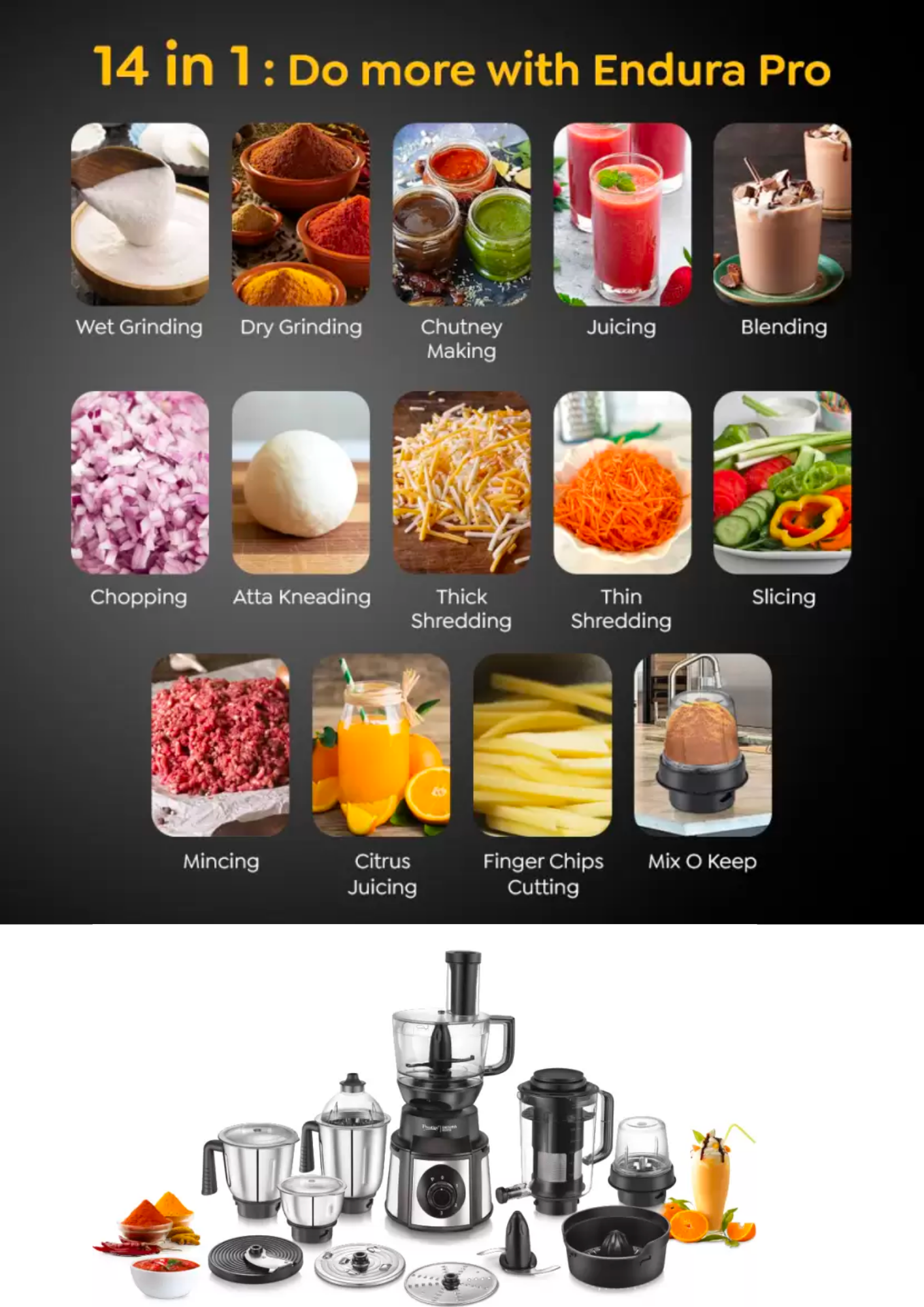 Prestige Endura Pro with Ball Bearing-Multi Functional food processing attachments Watts 1000 Juicer Mixer Grinder (6 Jars, Black, Silver)