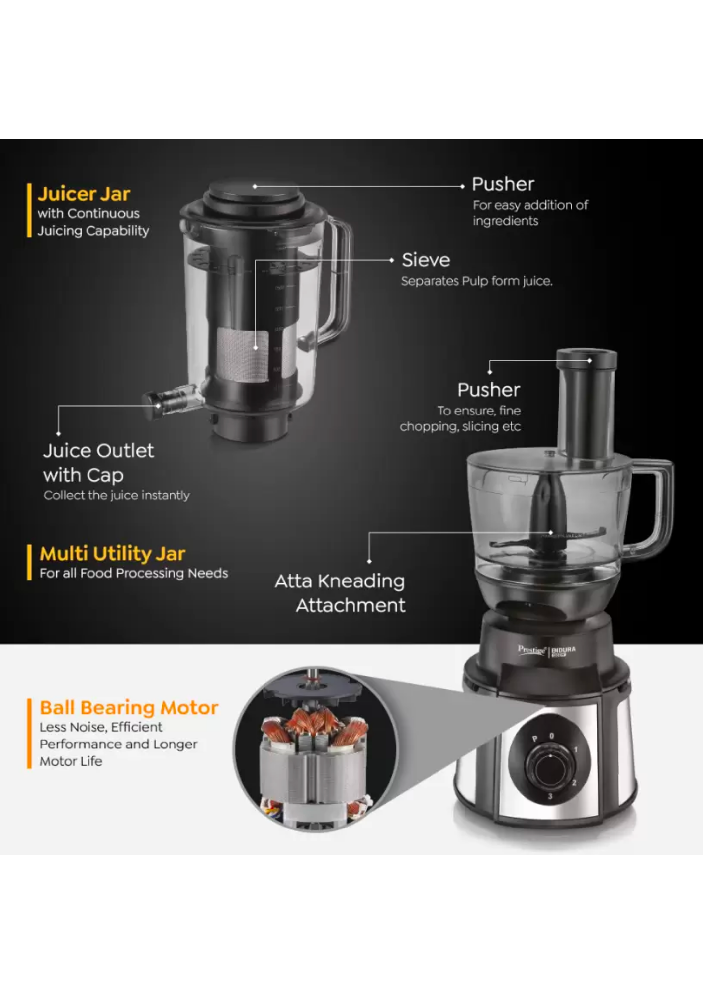 Prestige Endura Pro with Ball Bearing-Multi Functional food processing attachments Watts 1000 Juicer Mixer Grinder (6 Jars, Black, Silver)