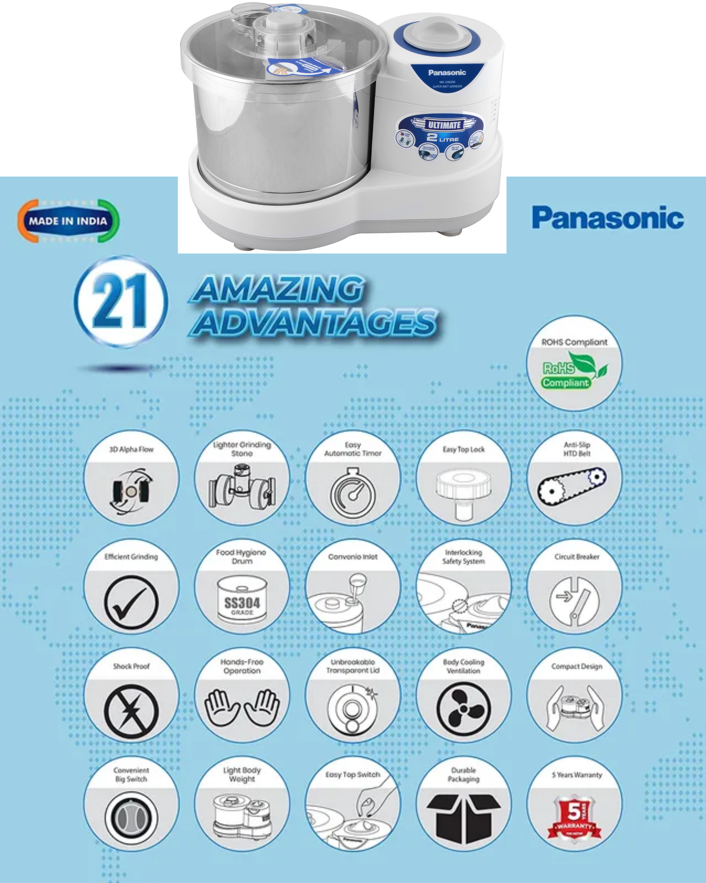 Panasonic MK-GW200 Ultimate Wet Grinder | Capacity: 2 L | Wet Grinder (White)