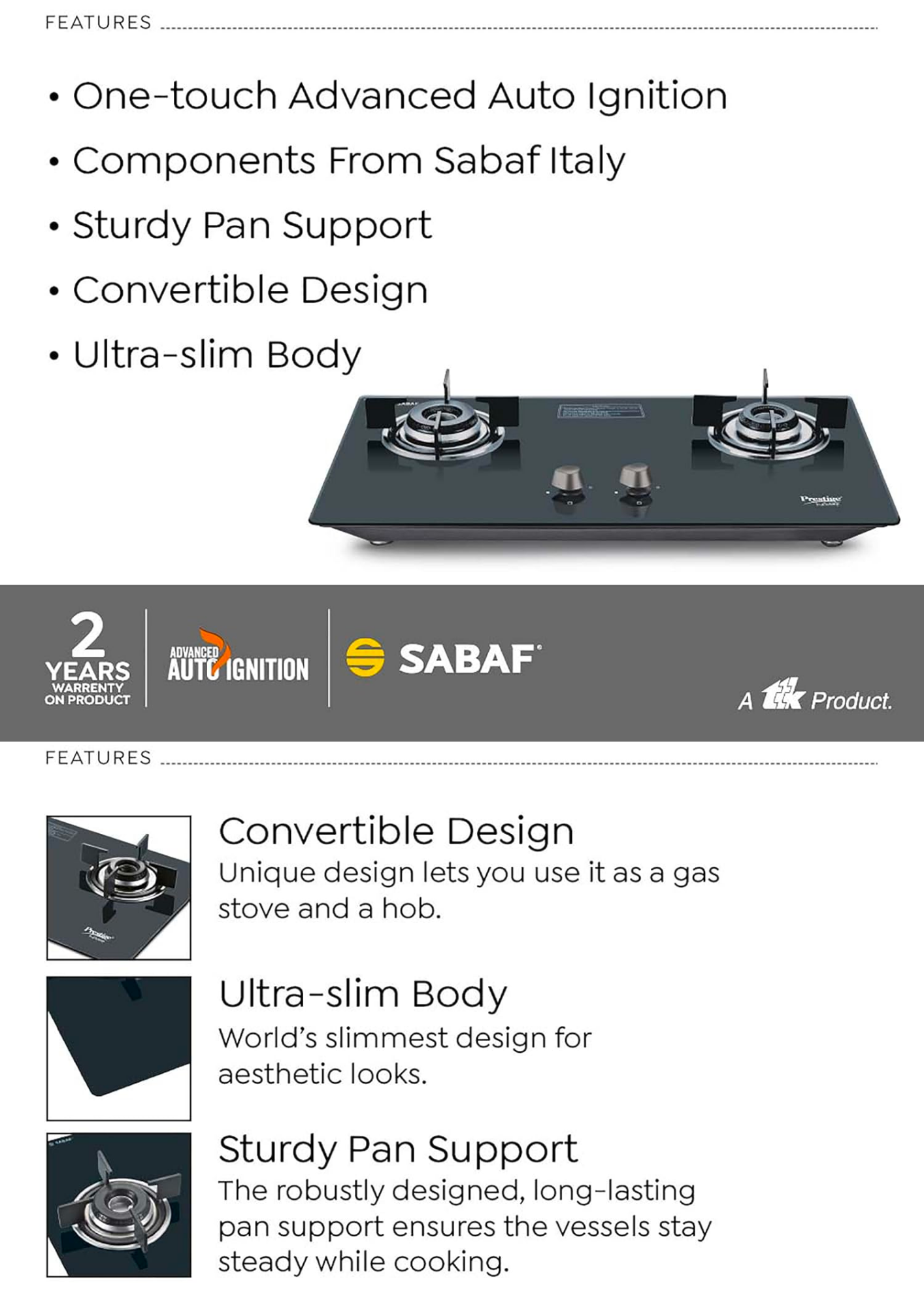 Prestige Desire Hobtop PHTD 02 AI (Toughened Glass Top, 2 Sabaf Burners, Auto Ignition) Glass Automatic Hob (2 Burners)