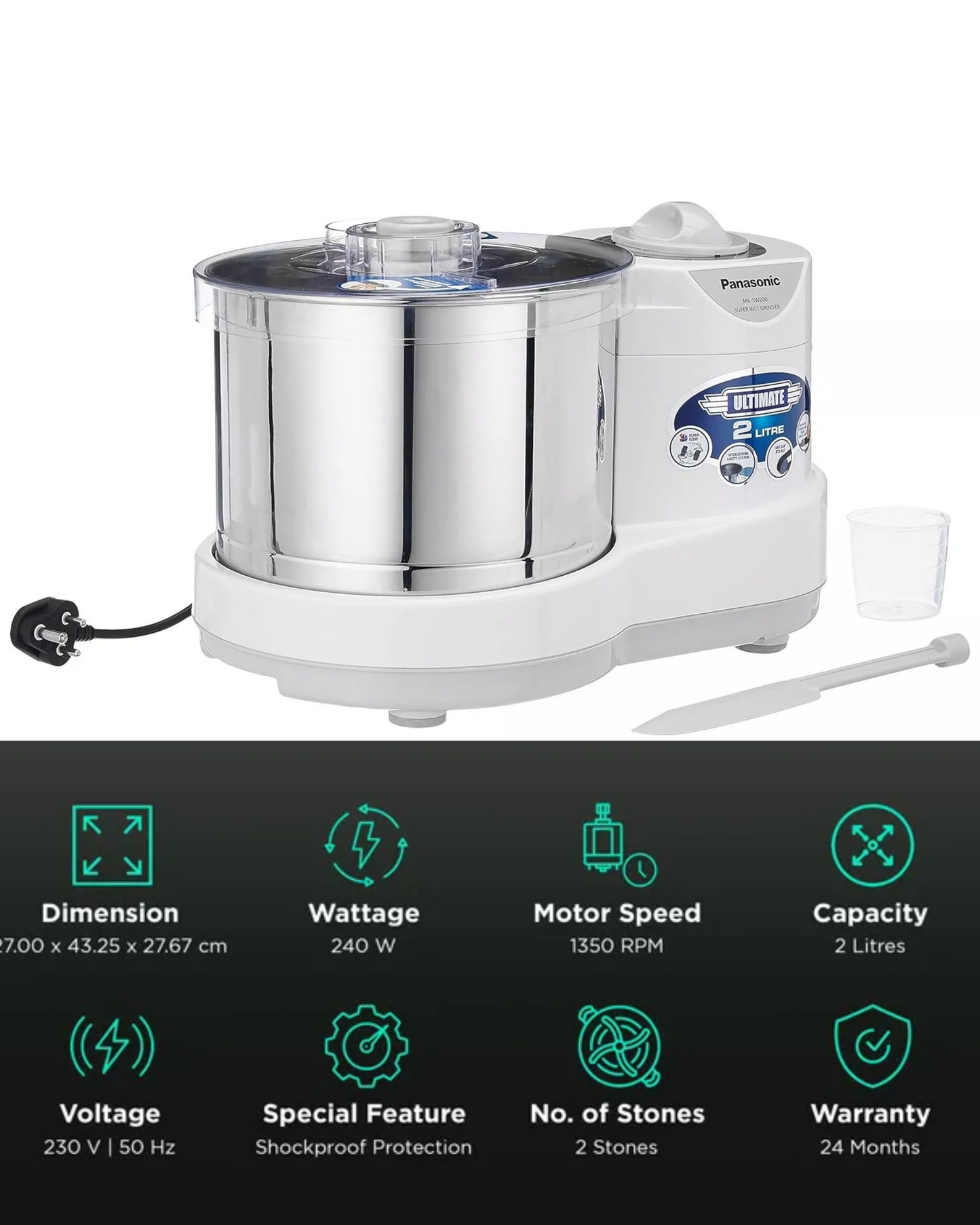 Panasonic MK-SW200 Automatic Ultimate Wet Grinder | With Timer | Capacity: 2 L | Wet Grinder (White)