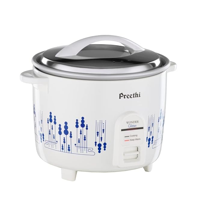 Preethi Glitter Electric Cooker, 2.2 Liters with Double Pan – White & Blue, (RC326)