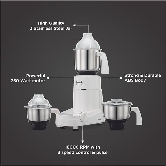 Preethi Eco Plus MG 157 mixer grinder, 750 watt, 4 jars includes Super Extractor juicer Jar , White