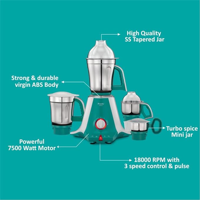 Preethi Aries MG 216 mixer grinder 750 watt, Green, 4 Jars, Vega W5 motor with 5yr Warranty & Lifelong Free Service