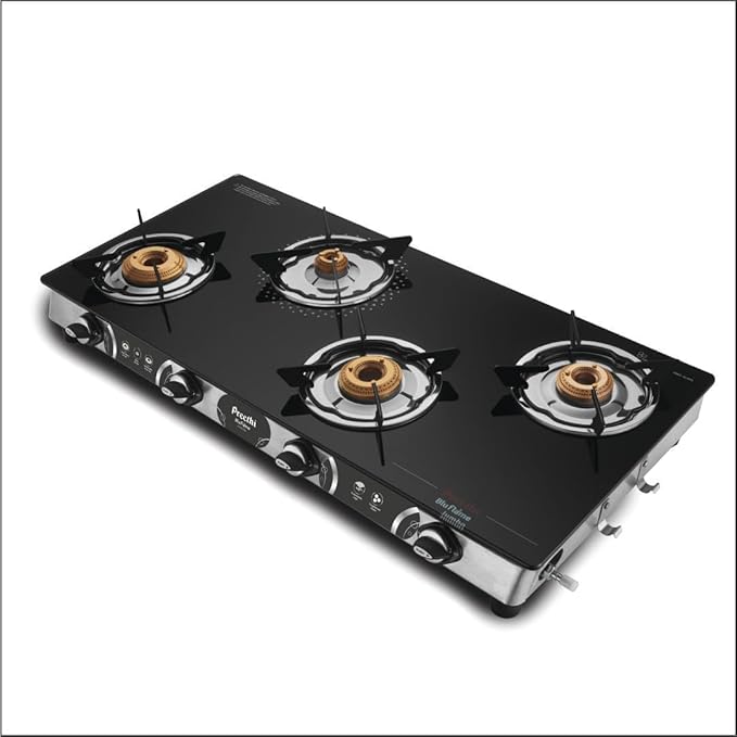 Preethi Blu-Flame Stainless Steel Jumbo Max Glass Top LPG Gas Stove with 4 Burner (Multicolour) (ISI Certified), Standard, GTS 118 Open