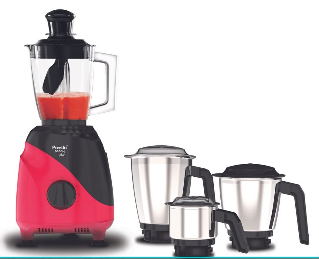 Preethi Peppy Plus MG-246 Mixer Grinder, 750 watt, Red-Black, 4 Jars - Super Food Jar with Texture Builder & 3D Airflow Technology, Vega W5 Motor with 5yr Warranty & Lifelong Free Service, Standard