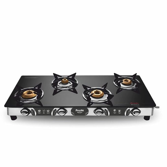 Preethi Blu-Flame Stainless Steel Jumbo Max Glass Top LPG Gas Stove with 4 Burner (Multicolour) (ISI Certified), Standard, GTS 118 Open