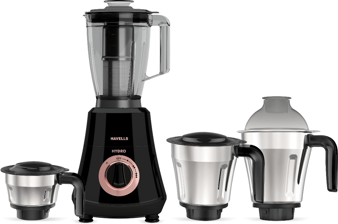 HAVELLS Hydro Plus 1000 watt 4 Jar Mixer Grinder with Ball Bearing Motor 1000 Juicer Mixer Grinder (4 Jars, Black)