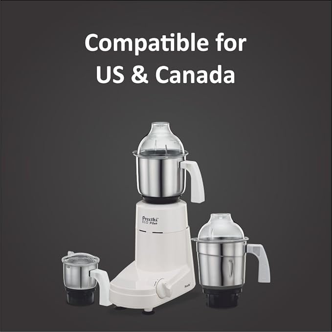Preethi Eco Plus MG-138 110V, 550 Watt Mixer Grinder with 3 Jars (0.4L Chutney grinding Jar + 1.0L dry grinding Jar + 1.5L Wet grinding Jar, Stainless Steel) with 5 Yrs Motor warranty, White