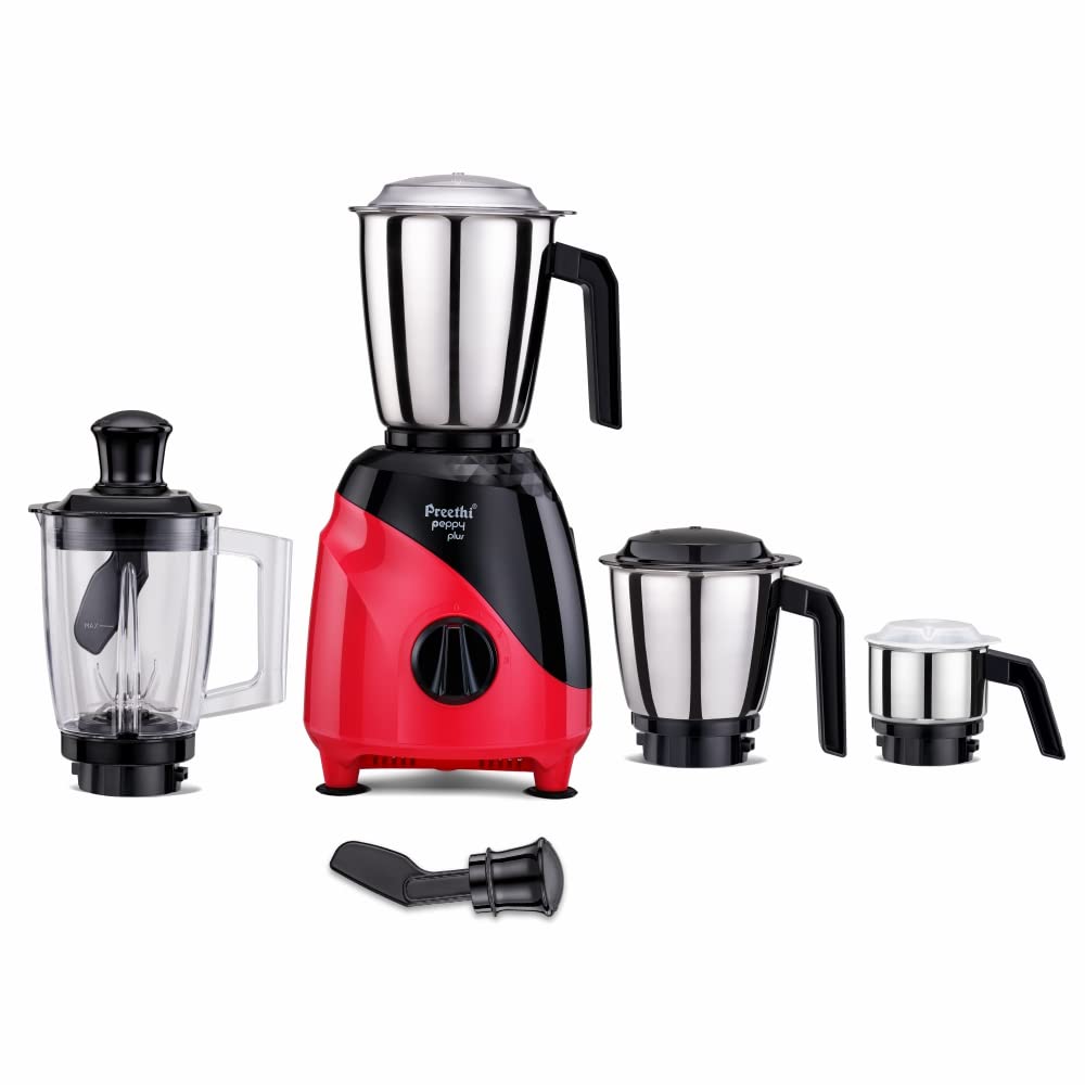 Preethi Peppy Plus MG-246 Mixer Grinder, 750 watt, Red-Black, 4 Jars - Super Food Jar with Texture Builder & 3D Airflow Technology, Vega W5 Motor with 5yr Warranty & Lifelong Free Service, Standard