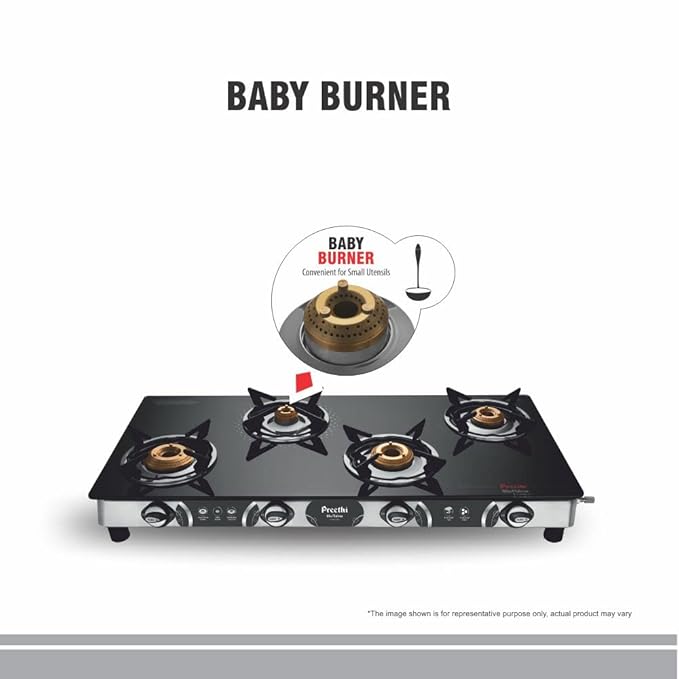Preethi Blu-Flame Stainless Steel Jumbo Max Glass Top LPG Gas Stove with 4 Burner (Multicolour) (ISI Certified), Standard, GTS 118 Open