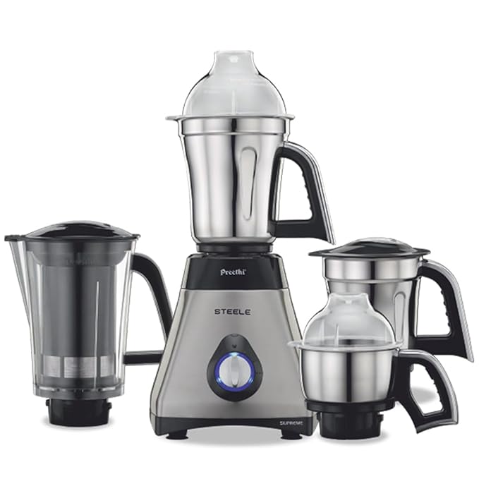 Preethi Steel Supreme MG-208 mixer grinder, 750 watt (Silver/ Black), 4 jars - Super Extractor juicer Jar, Vega W5 motor with 5yr Warranty & Lifelong Free Service