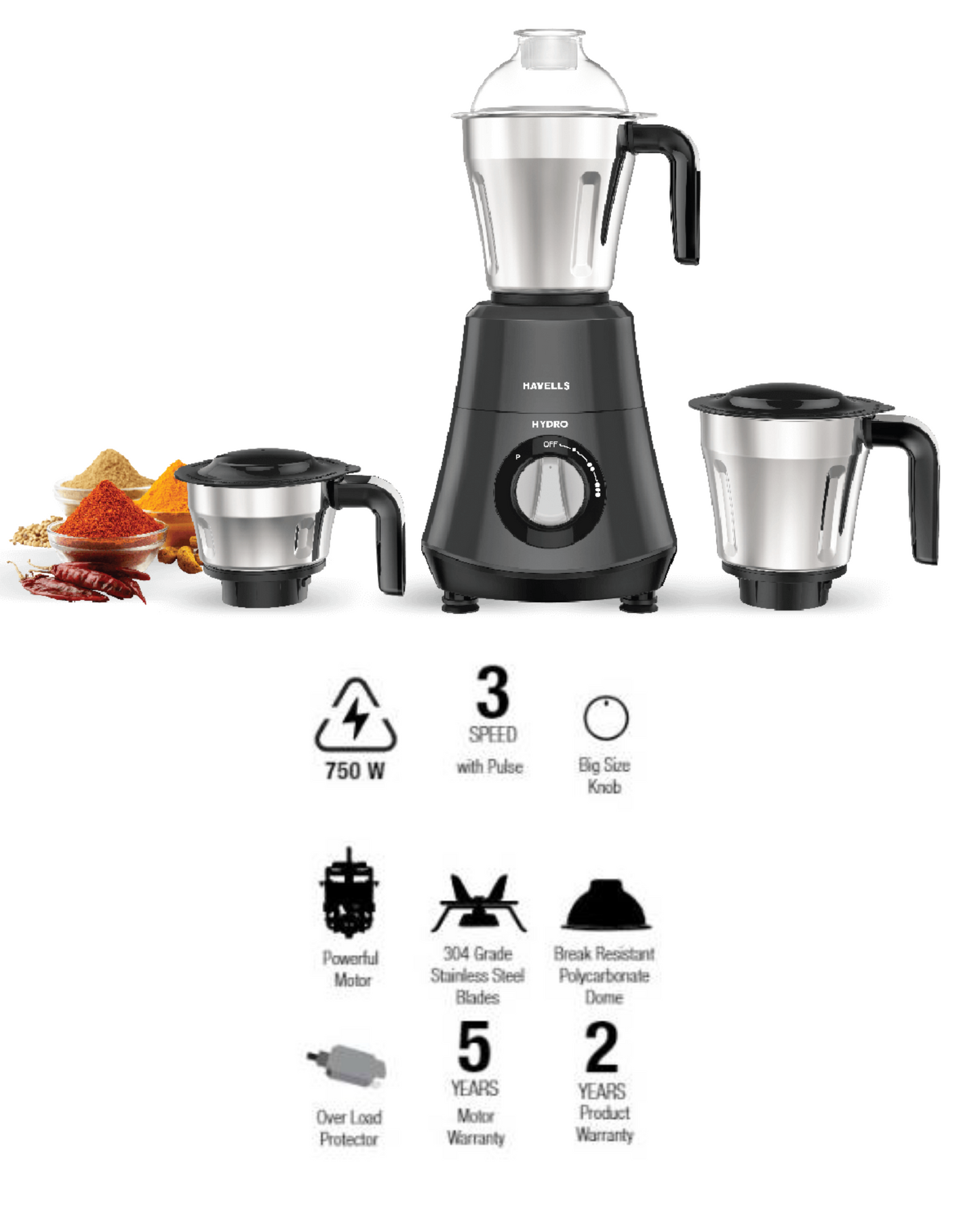 HAVELLS Hydro 750 Juicer Mixer Grinder (3 Jars, GRAY)