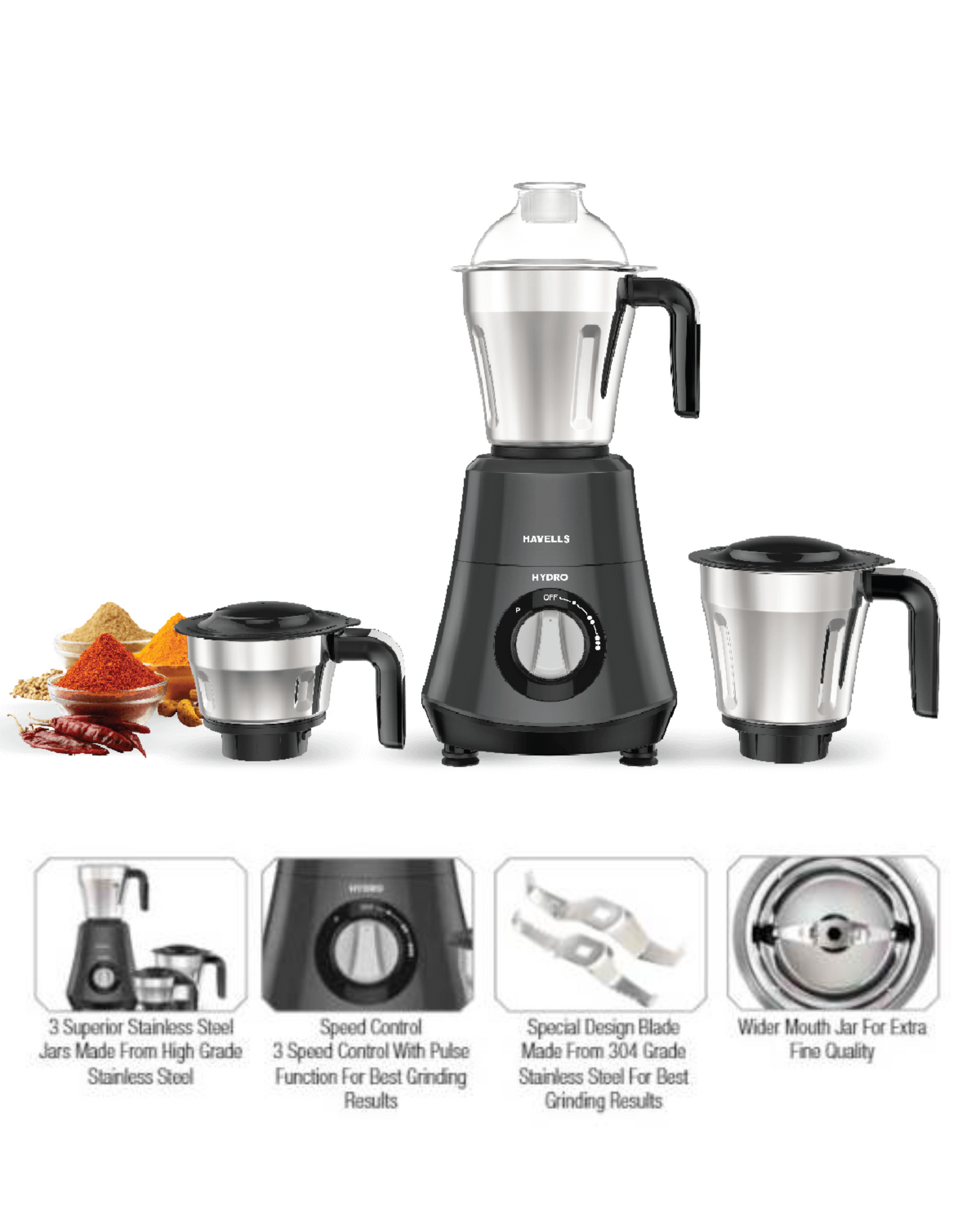 HAVELLS Hydro 750 Juicer Mixer Grinder (3 Jars, GRAY)