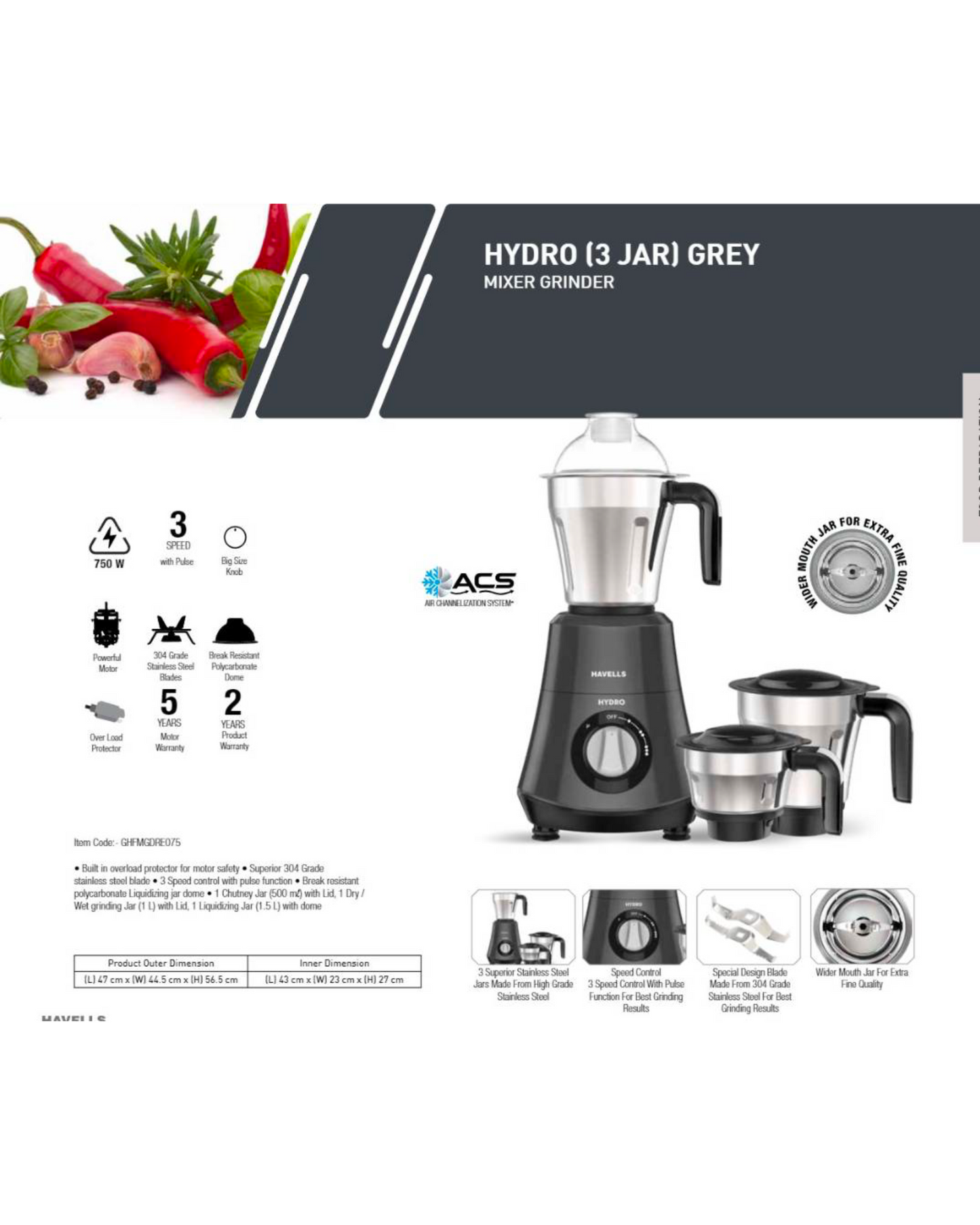 HAVELLS Hydro 750 Juicer Mixer Grinder (3 Jars, GRAY)