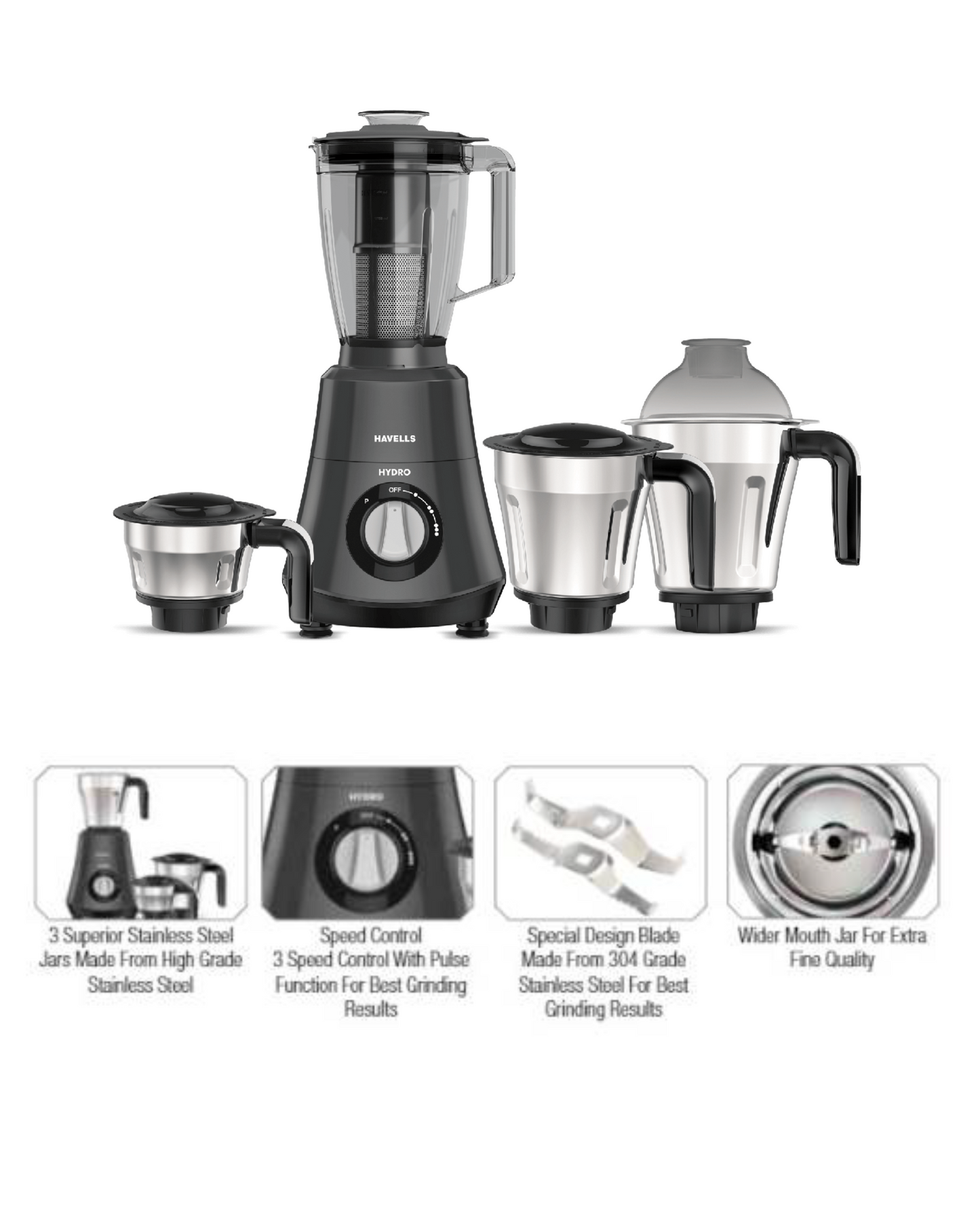 HAVELLS Hydro 750 Juicer Mixer Grinder (4 Jars, GRAY)
