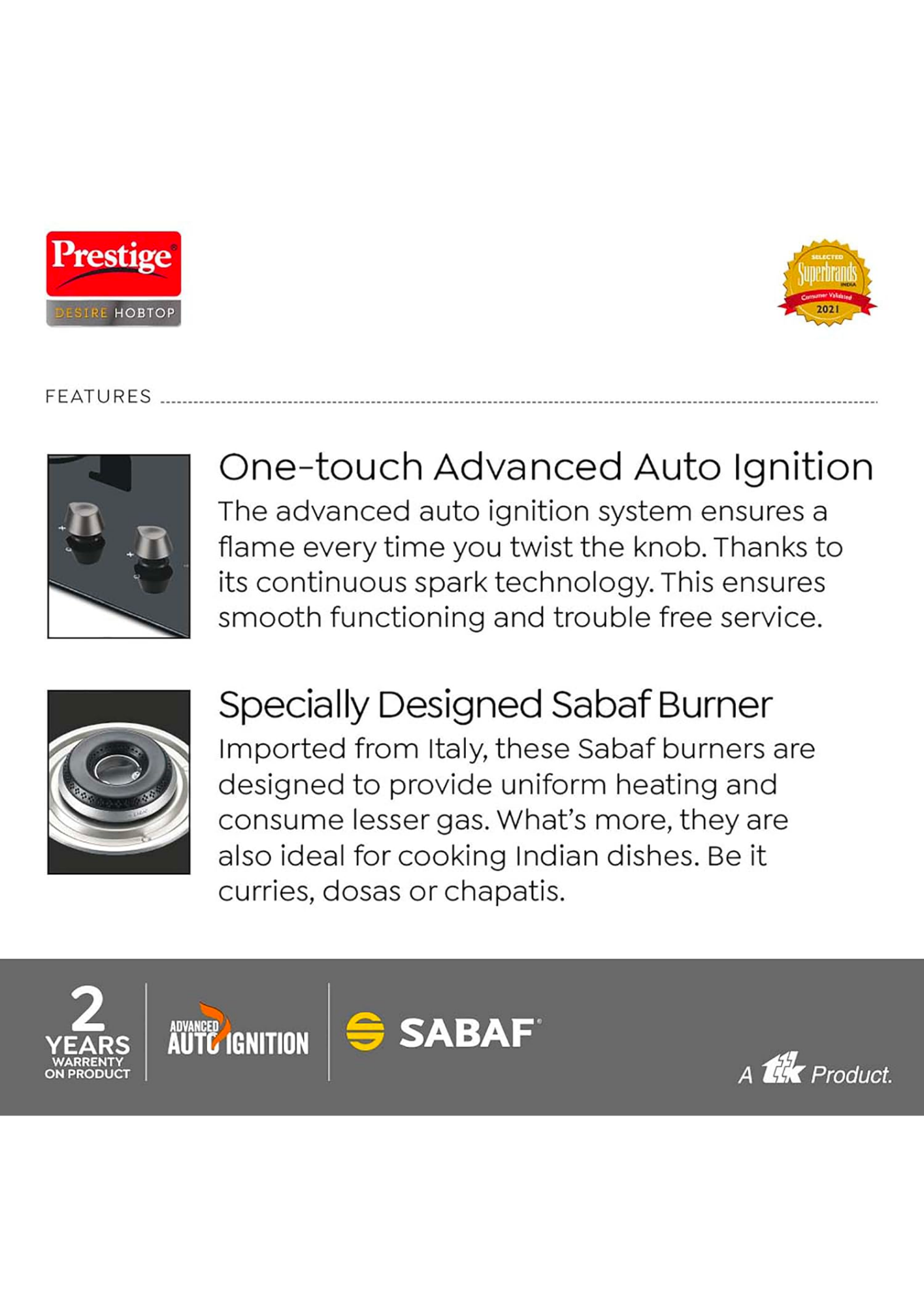 Prestige Desire Hobtop PHTD 02 AI (Toughened Glass Top, 2 Sabaf Burners, Auto Ignition) Glass Automatic Hob (2 Burners)