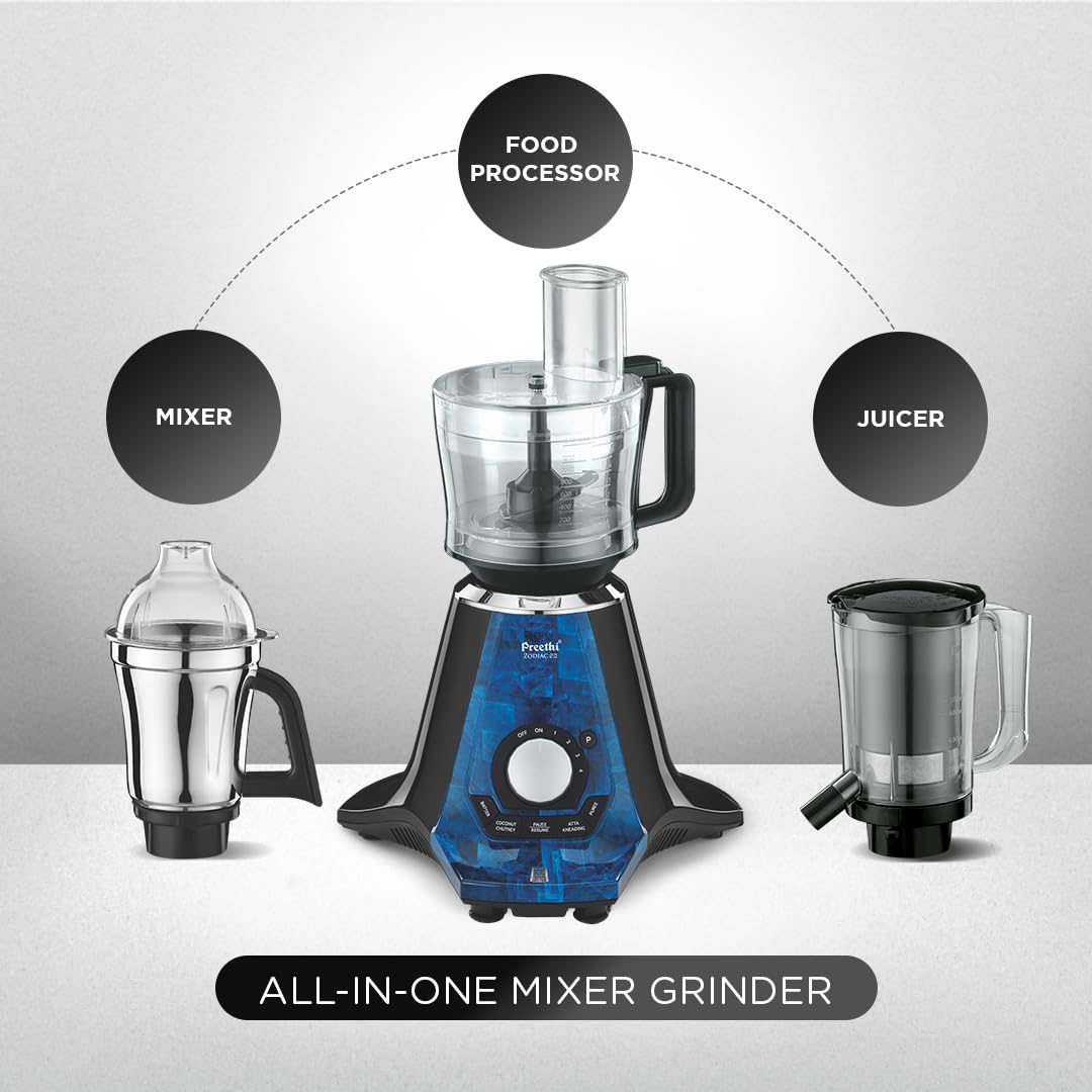Preethi Zodiac 2.0 Mixer Grinder for Kitchen, 4 Jars 1000 Watt Mixie - 2 Stainless steel Jars, Super Extractor Juicer Jar & Master Chef Food Processor Jar, Black/Blue (MG-255)
