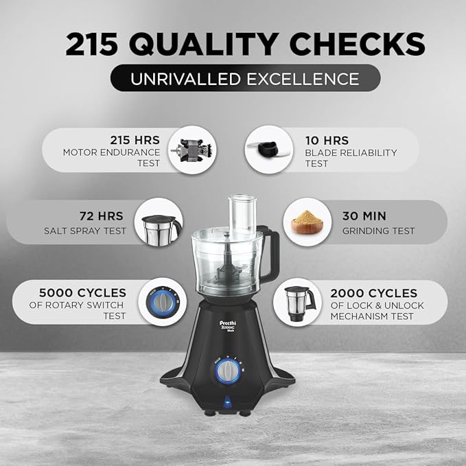 Preethi Zodiac Black Mixer Grinder for Kitchen, 5 Jars 750 Watt Mixie with Chutney Jar, Dry Grinding, Batter Grinding, Juicer & Masterchef Jar for chopping/grating (MG-261)